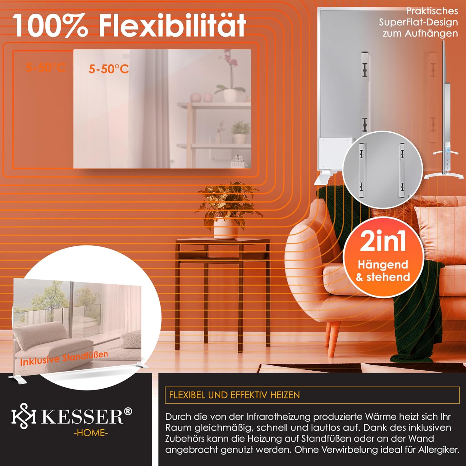 KESSER® Infrarotheizung 500W Spiegelheizung Energiesparend 2in1 Standgerät & Wandmontage Elektroheizung mit Erkennung Offener Fenster + Fernbedienung & App-Steuerung Thermostat Infrarot Heizpaneel — Ansicht 4