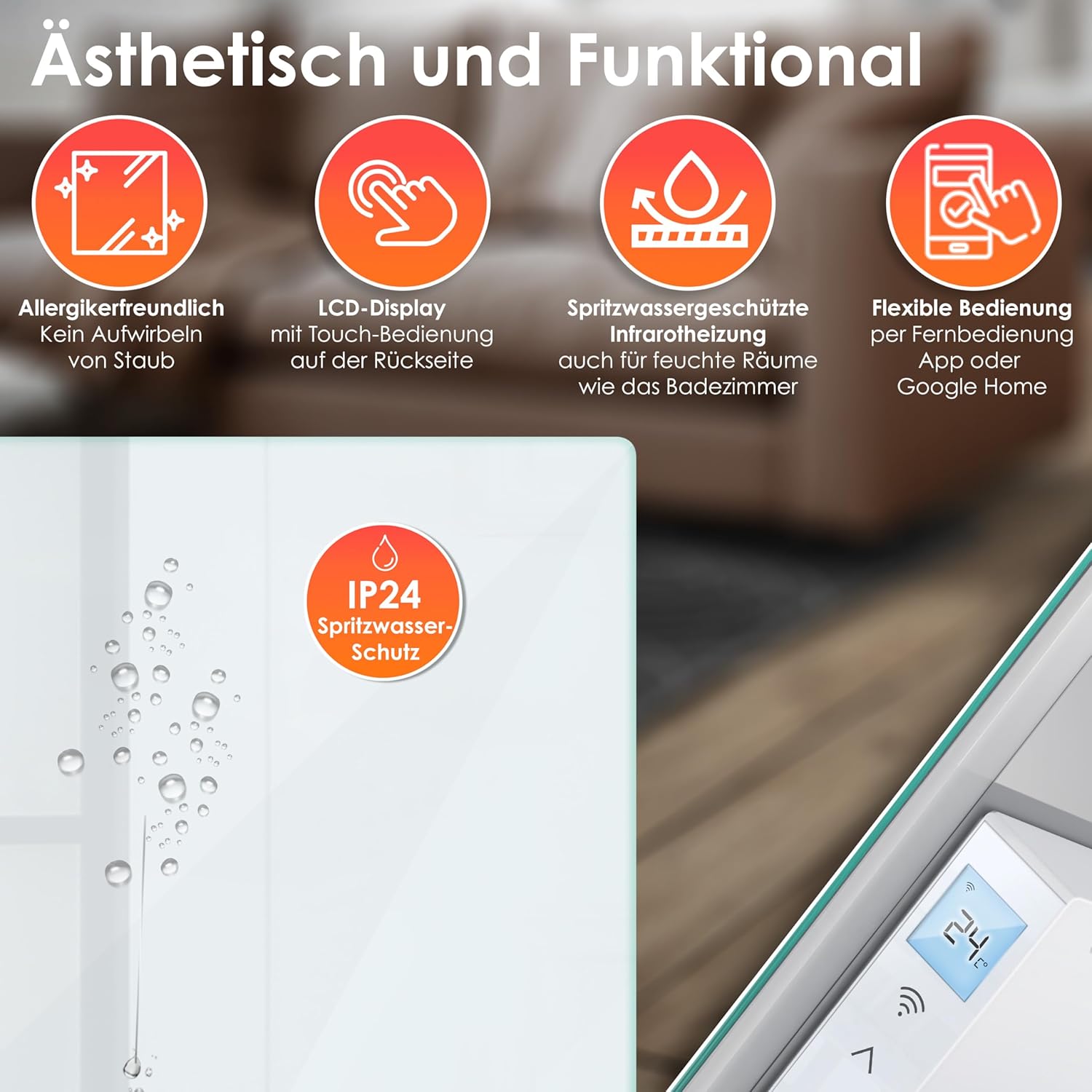 KESSER® Infrarotheizung 600W Glaskonvektor Glasheizung Energiesparend 2in1 Standgerät & Wandmontage Elektroheizung mit Erkennung Offener Fenster + Fernbedienung & App-Steuerung Thermostat Heizpaneel — Ansicht 3