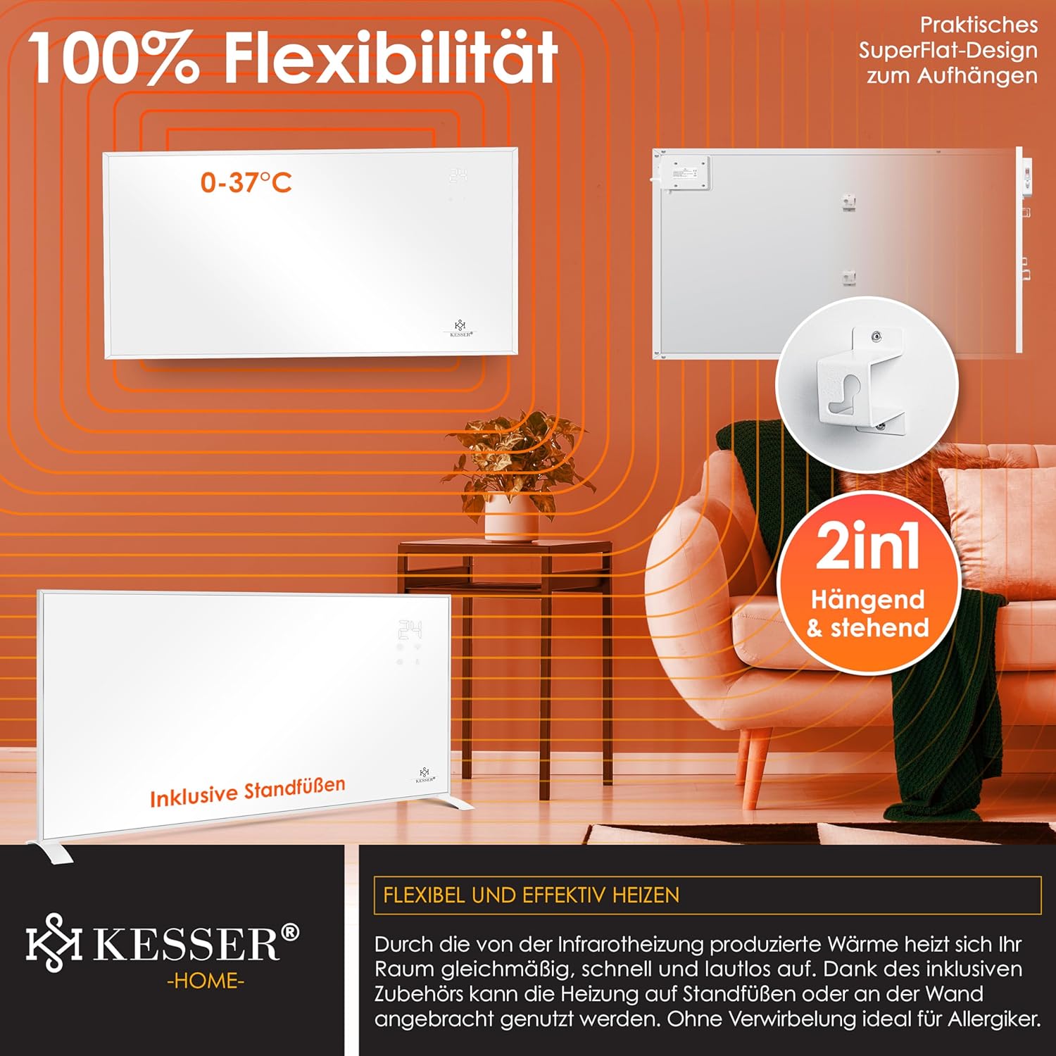 KESSER® Infrarotheizung Energiesparend Infrarot Standgerät & Wandmontage Elektroheizung 700W mit Fernbedienung Thermostat & App-Steuerung Elektrisch Heizpaneel Heizung Konvektor Standfüße — Ansicht 4
