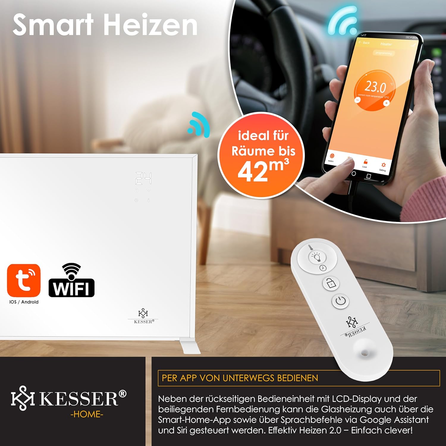 KESSER® Infrarotheizung Energiesparend Infrarot Standgerät & Wandmontage Elektroheizung 700W mit Fernbedienung Thermostat & App-Steuerung Elektrisch Heizpaneel Heizung Konvektor Standfüße — Ansicht 5