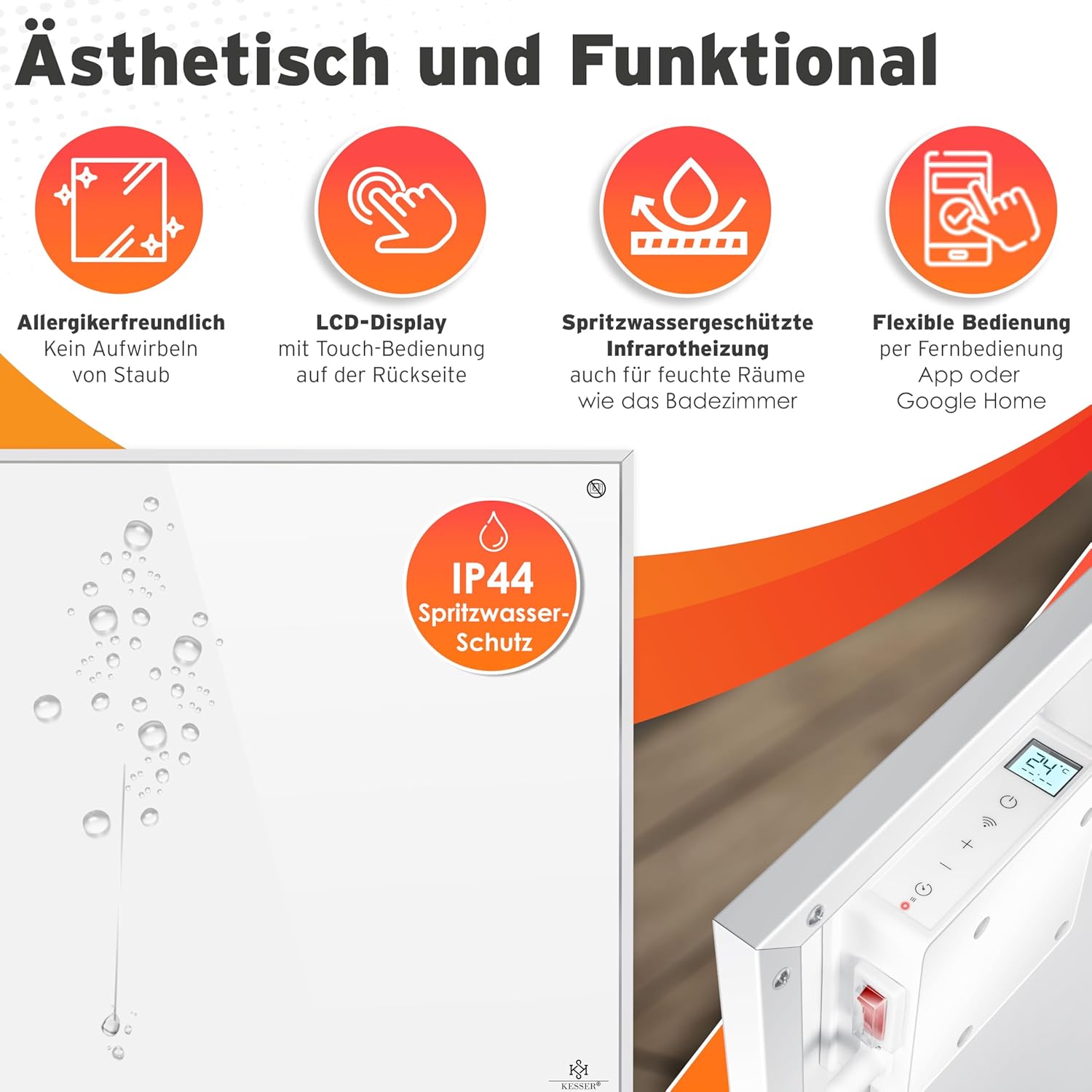 KESSER® Infrarotheizung Infrarot Standgerät & Wandmontage Elektroheizung 550W mit Fernbedienung Thermostat & App-Steuerung Elektrisch Heizpaneel Heizung Konvektor Standfüße — Ansicht 3