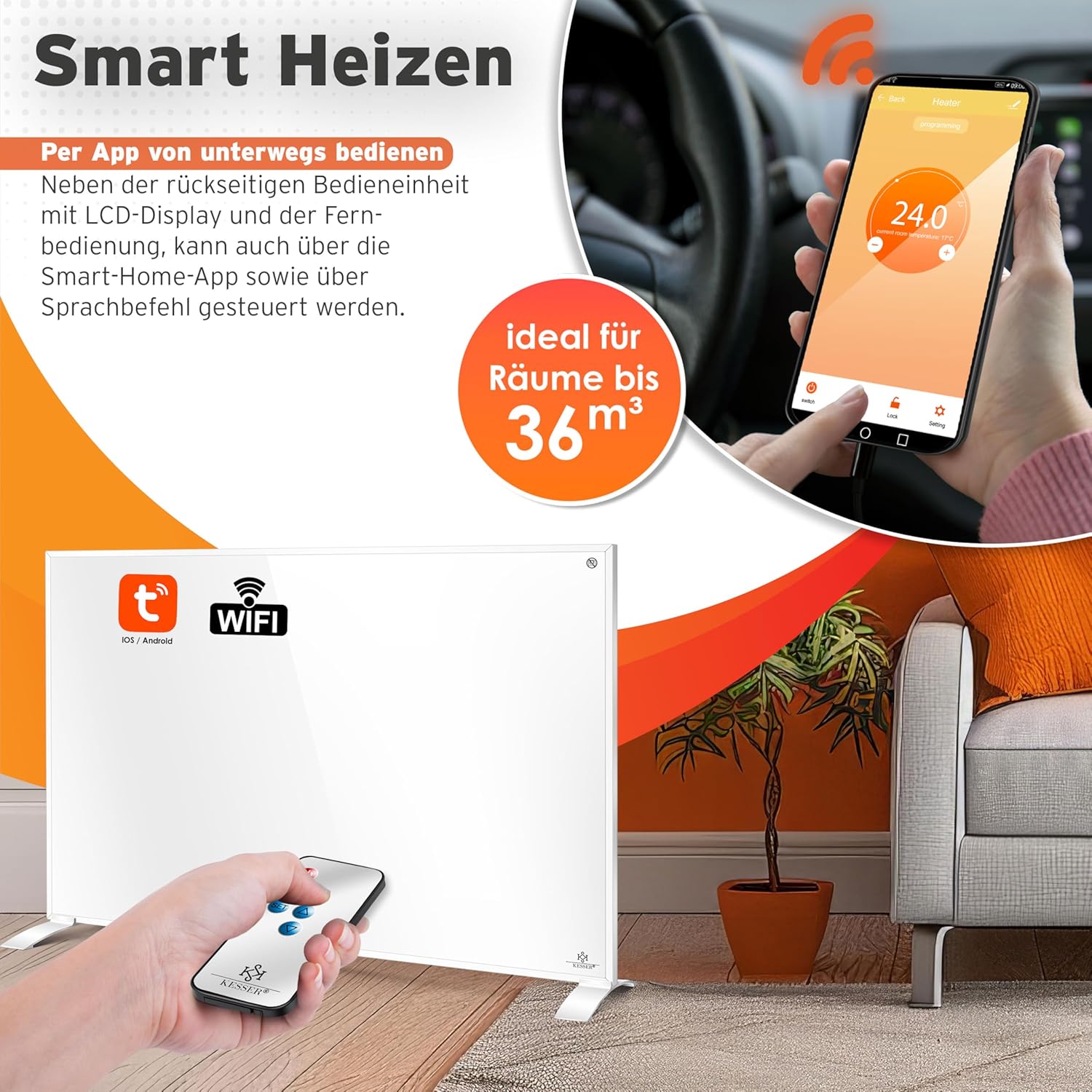 KESSER® Infrarotheizung Infrarot Standgerät & Wandmontage Elektroheizung 550W mit Fernbedienung Thermostat & App-Steuerung Elektrisch Heizpaneel Heizung Konvektor Standfüße — Ansicht 5