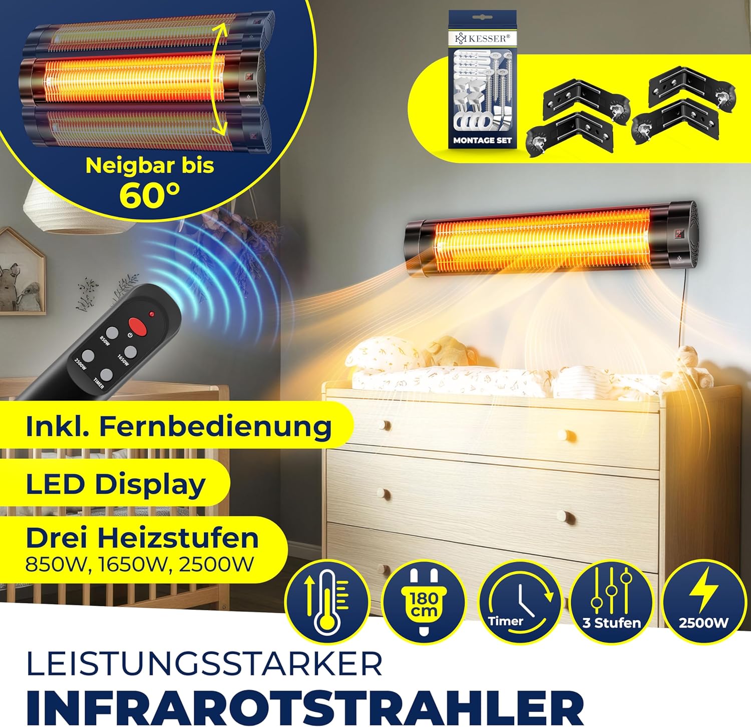 KESSER® Infrarotstrahler 2500W Infrarot Heizstrahler mit Fernbedienung, 3 Stufen, Instant-Heat, Wandhalterung, Terrassenstrahler, Quarzstrahler, Terrassenheizer, inkl. Schutzhülle, Timer - Schwarz — Ansicht 2