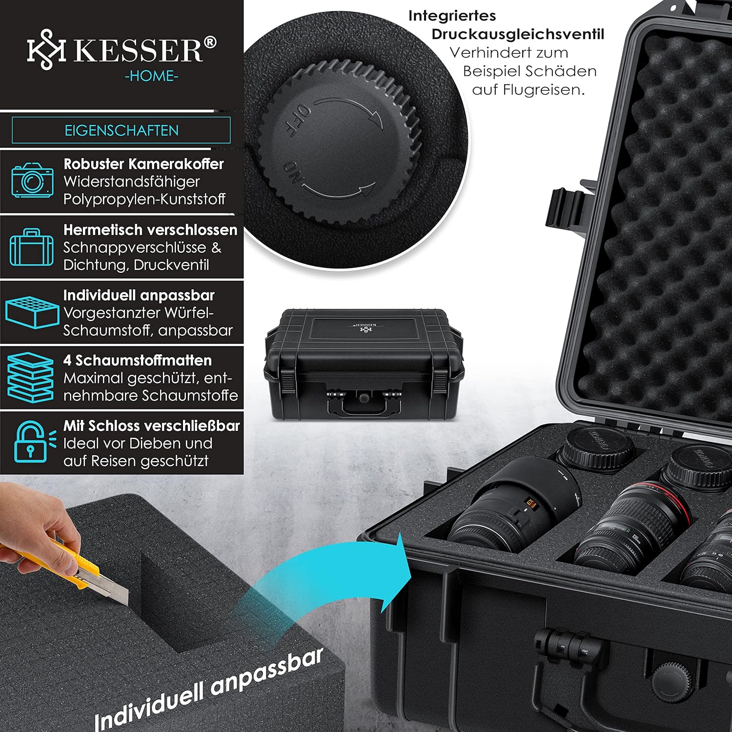 KESSER® Kamerakoffer 35 Liter, unisversal anpassbar, wasserdicht, Universalkoffer, Outdoor, wetterfester, staubdichter, Koffer, Fotokoffer mit Einlage für Kamera Objektive und Zubehör (56x42x21cm) — Ansicht 2