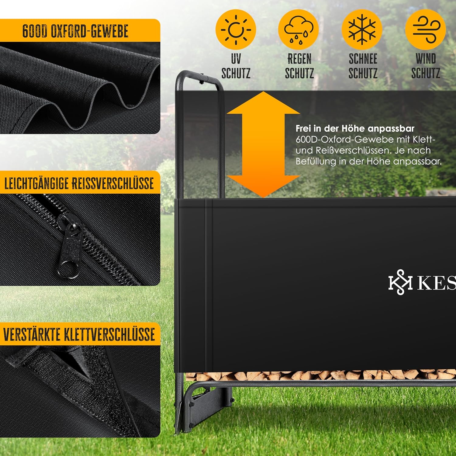 KESSER® Kaminholzregal Metall 260x36x117cm Brennholzregal außen Stahlrahmen + Abdeckung & Handschuhe Kaminholzunterstand 300kg Wasserdichter Holzlager Holzstapelhilfe für Garten Terrasse — Ansicht 3