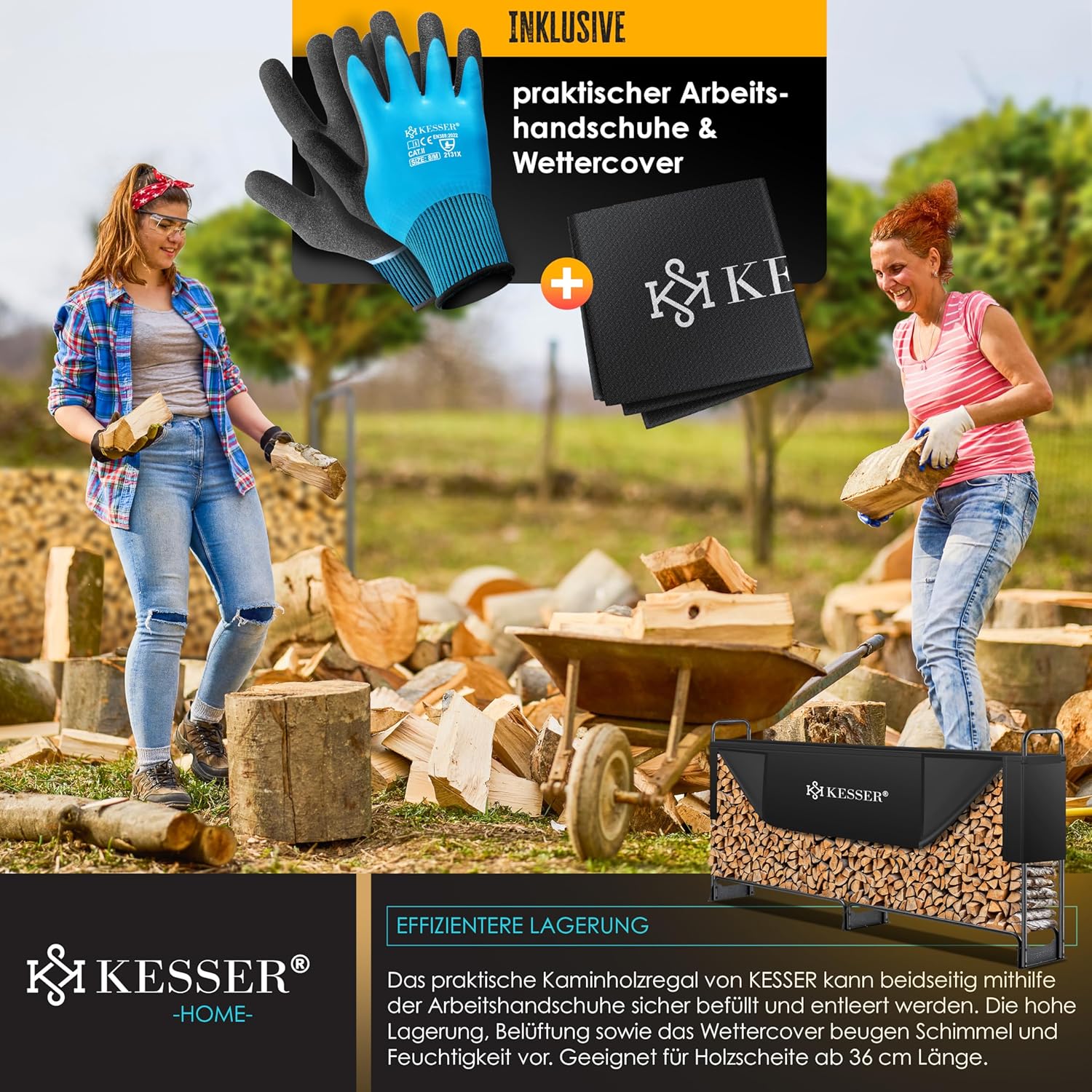 KESSER® Kaminholzregal Metall 260x36x117cm Brennholzregal außen Stahlrahmen + Abdeckung & Handschuhe Kaminholzunterstand 300kg Wasserdichter Holzlager Holzstapelhilfe für Garten Terrasse — Ansicht 5