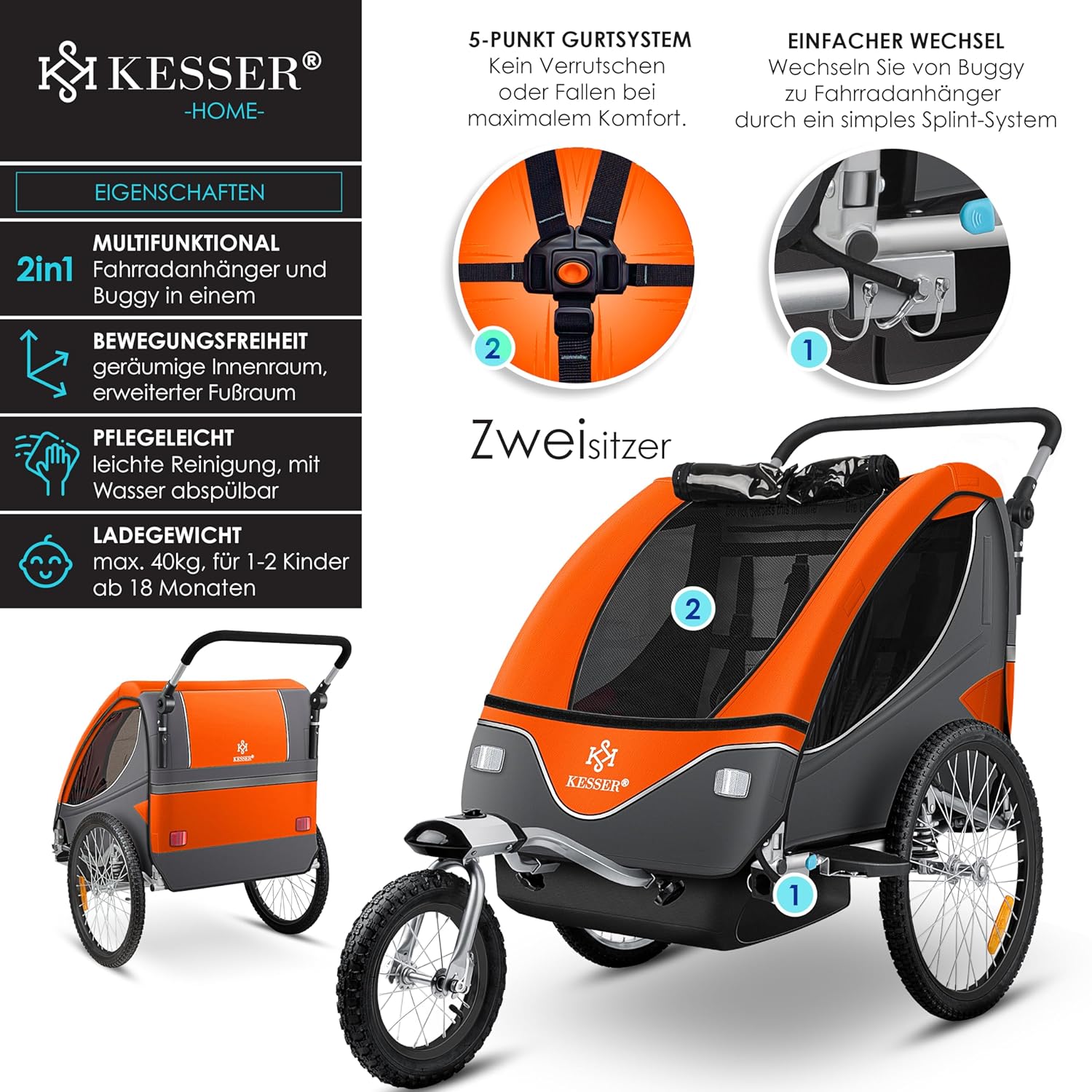 KESSER® Kinderanhänger Fahrradanhänger 360° Drehbar mit Federung 2in1 Joggerfunktion Kinderfahrradanhänger + 5-Punkt Gurt Jogger Fahrrad Anhänger für 1 bis 2 Kinder max. 40kg Inkl. Warnfahne, Orange — Ansicht 2