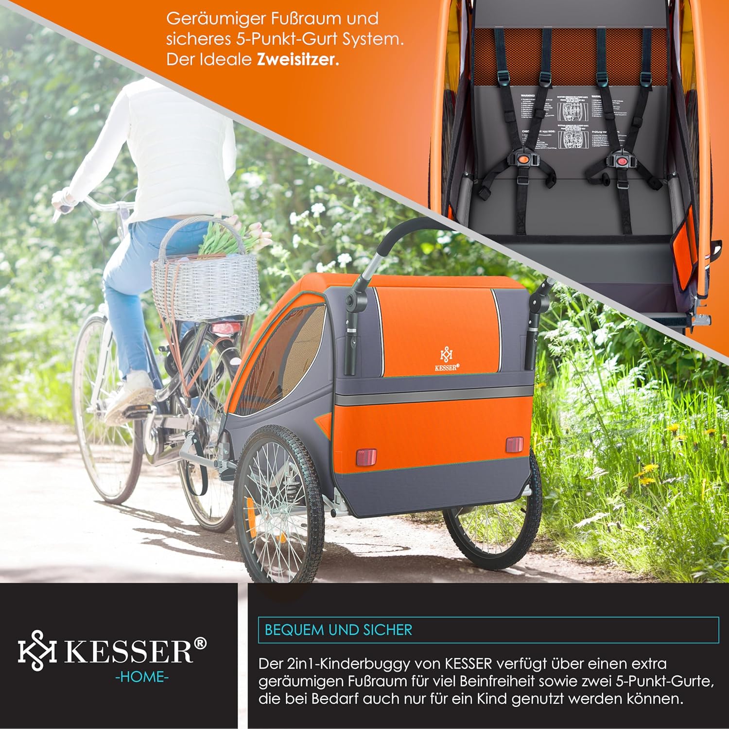 KESSER® Kinderanhänger Fahrradanhänger 360° Drehbar mit Federung 2in1 Joggerfunktion Kinderfahrradanhänger + 5-Punkt Gurt Jogger Fahrrad Anhänger für 1 bis 2 Kinder max. 40kg Inkl. Warnfahne, Orange — Ansicht 5