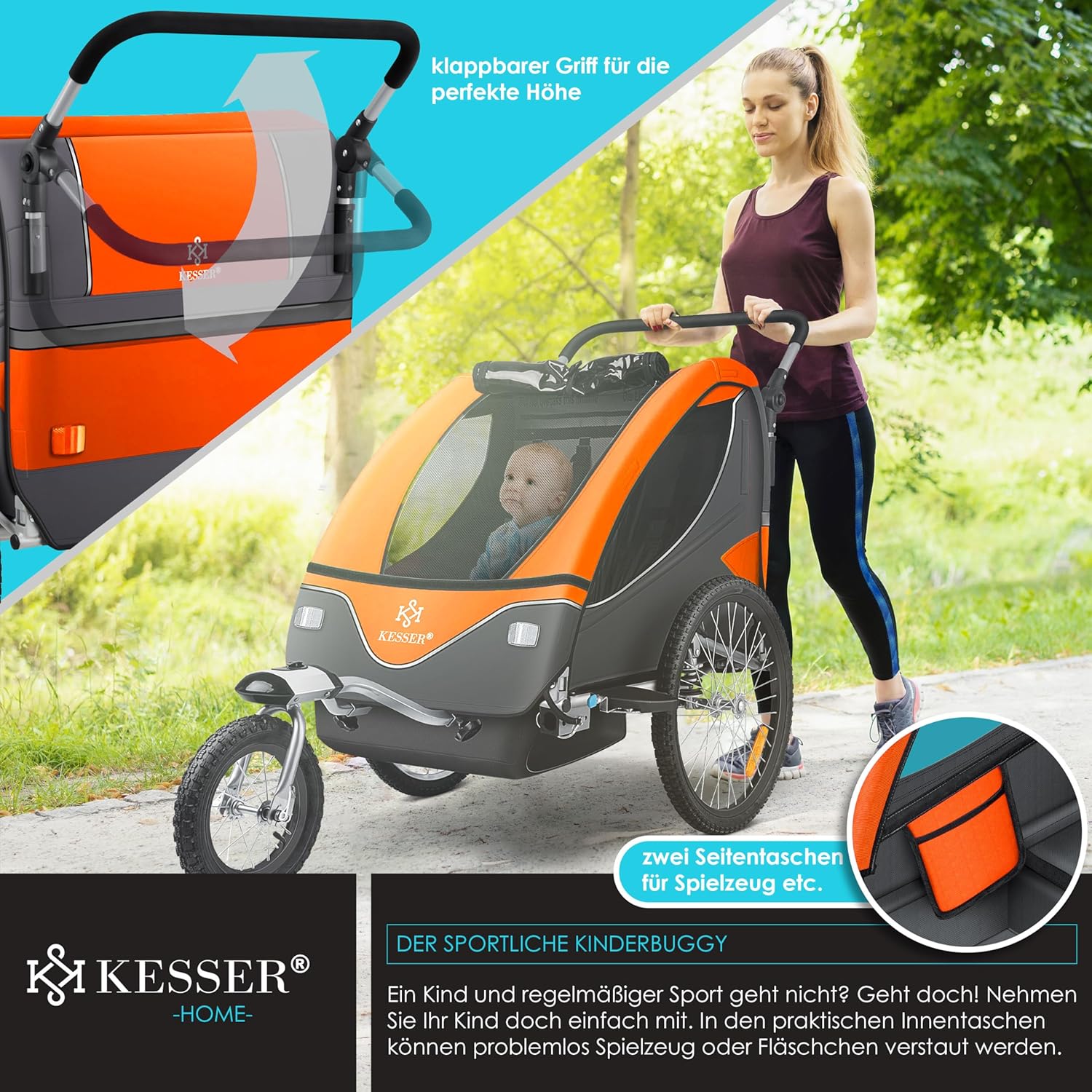 KESSER® Kinderanhänger Fahrradanhänger 360° Drehbar mit Federung 2in1 Joggerfunktion Kinderfahrradanhänger + 5-Punkt Gurt Jogger Fahrrad Anhänger für 1 bis 2 Kinder max. 40kg Inkl. Warnfahne, Orange — Ansicht 6