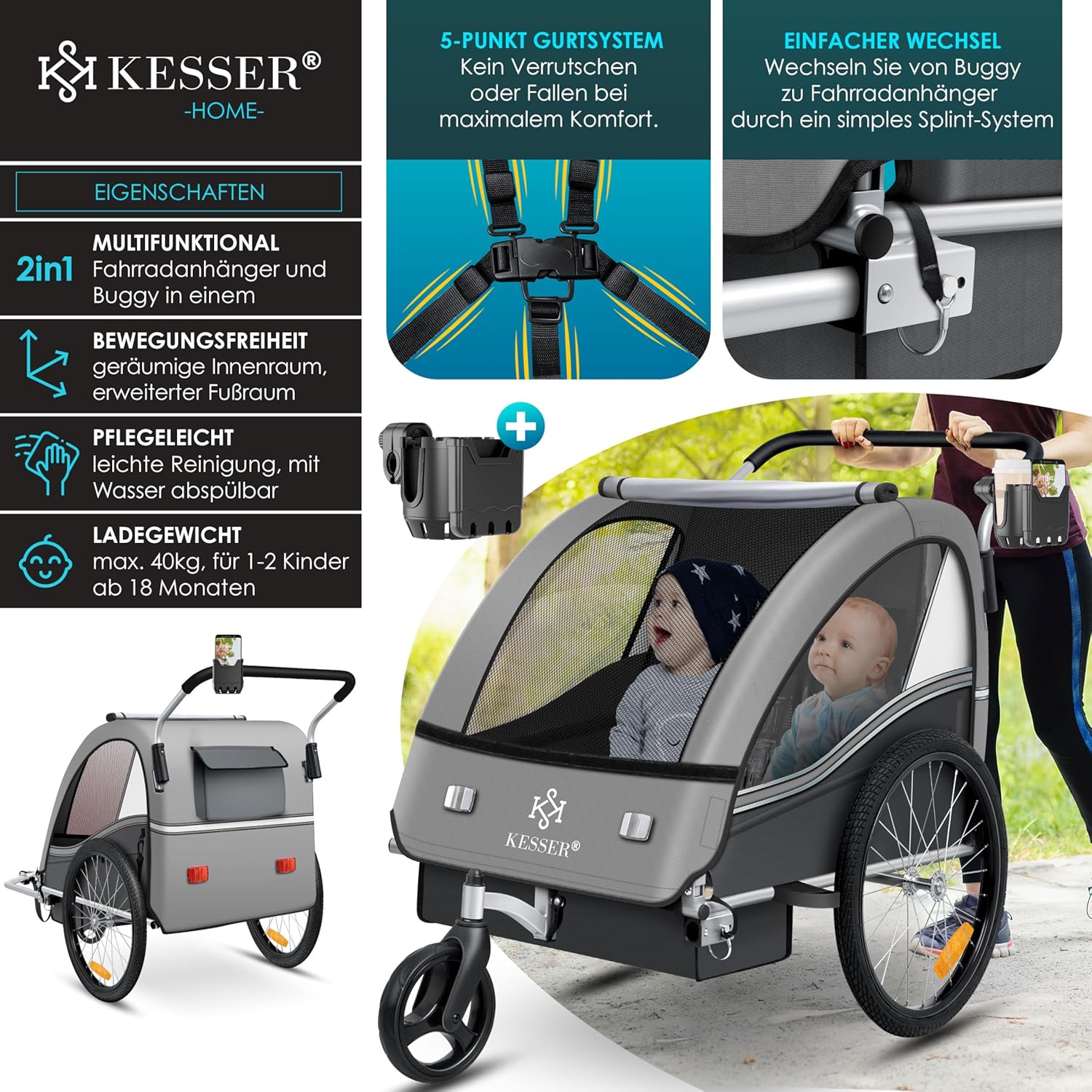 KESSER® Kinderfahrradanhänger Sport-RX 2in1 Jogger & Buggy 5-Punkt-Gurt Sicherheitsgurt 360° Vorderrad Kinderfahrradanhänger Reflektoren für 1-2 Kinder (max. 40 kg) Getränkehalter & Smartphonefach — Ansicht 2