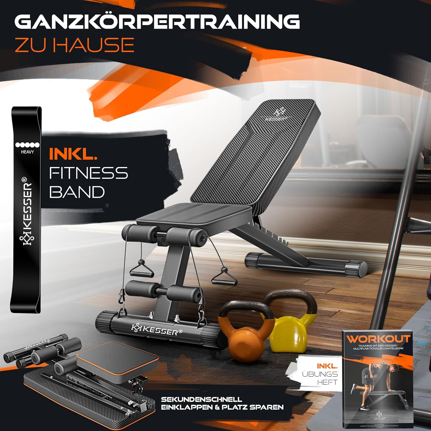 KESSER® Klappbare Hantelbank Multifunktionale Trainingsbank mit Rückenlehne 500kg Belastbarkeit | verstellbare Bank Fitnessgerät zum Bankdrücken | Ganzkörpertraining Schrägbank für Fitness & Training — Ansicht 4