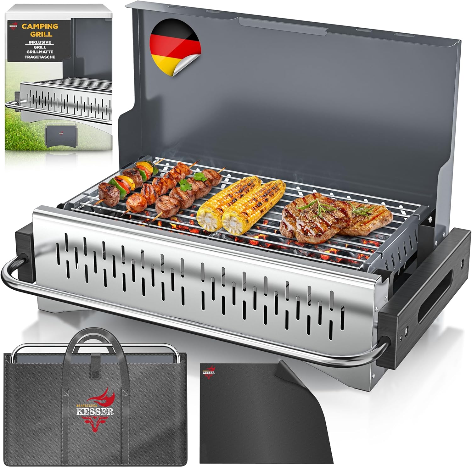 KESSER® Klappgrill tragbarer Camping Grill | Holzkohlegrill aus pulverbeschichtetem Stahl inklusive Grillrost, Grillmatte & Tragetasche | Faltbar BBQ ideal für Camping, Picknick & Angeln