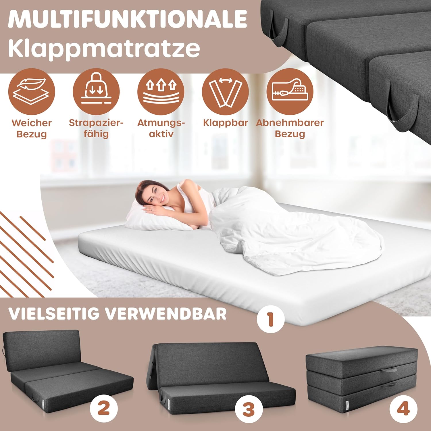 KESSER® Klappmatratze 120 x 195 x 15 cm Gästematratze 3-Fach faltbar zum Sitzhocker Faltmatratze Schaumstoff 25kg/m3 extra dick 15cm atmungsaktiv waschbar Abnehmbarer Bezug inkl. Camping Tragetasche — Ansicht 3
