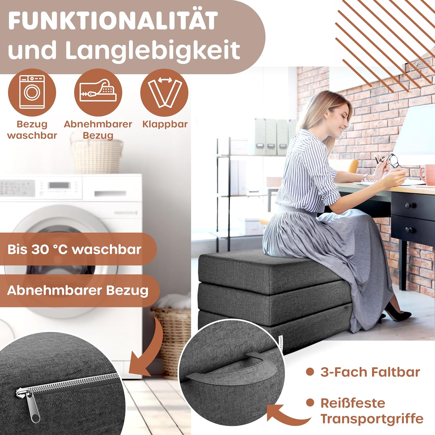 KESSER® Klappmatratze 120 x 195 x 15 cm Gästematratze 3-Fach faltbar zum Sitzhocker Faltmatratze Schaumstoff 25kg/m3 extra dick 15cm atmungsaktiv waschbar Abnehmbarer Bezug inkl. Camping Tragetasche — Ansicht 4