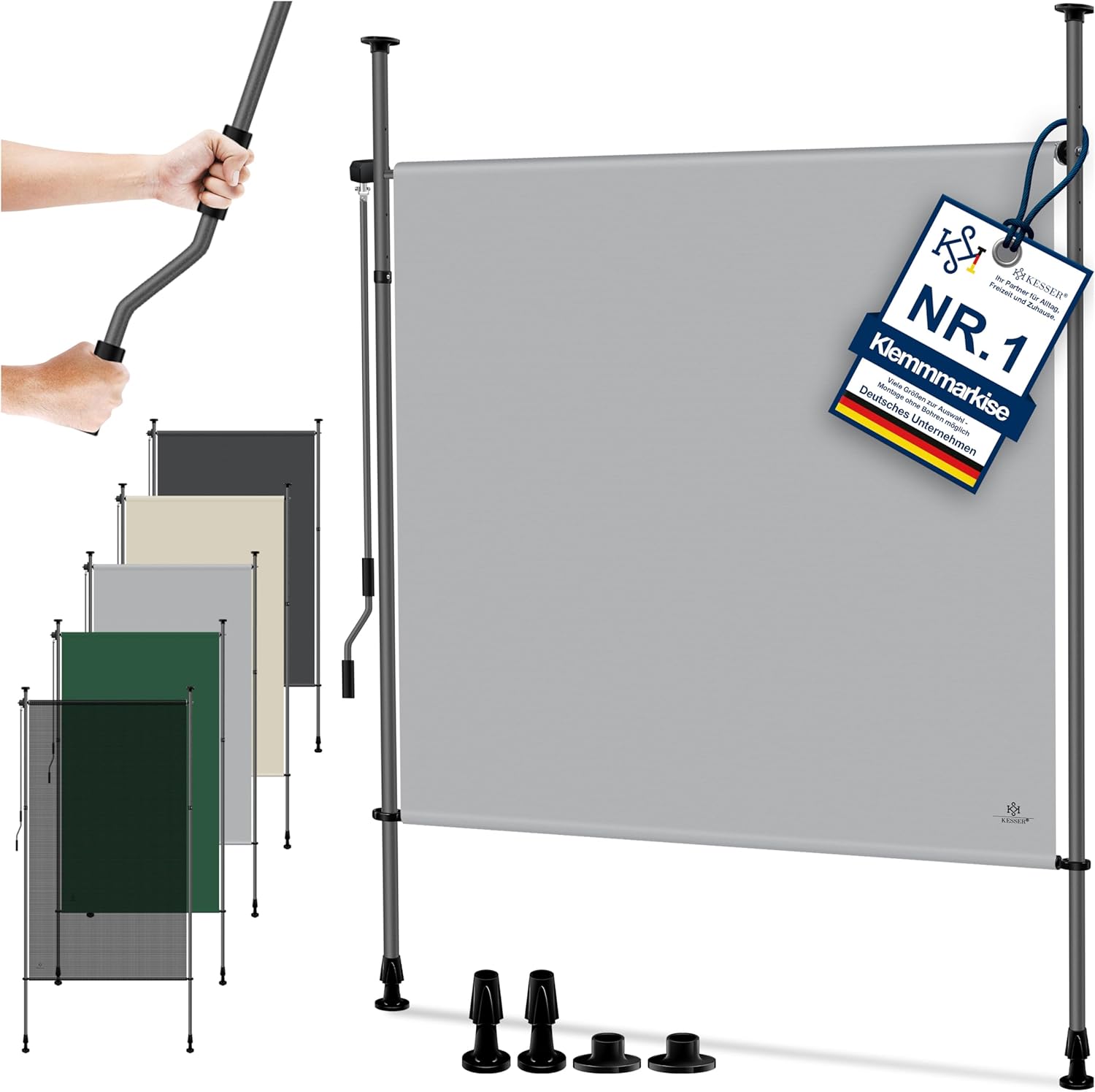 KESSER® Klemmmarkise 200x310 cm, Garten Balkon Sichtschutz wetterfest, Wind- & Sonnenschutz, Senkrechtmarkise mit Handkurbel ohne Bohren, Ausziehbar, wasserdicht & UV-beständig, Grau