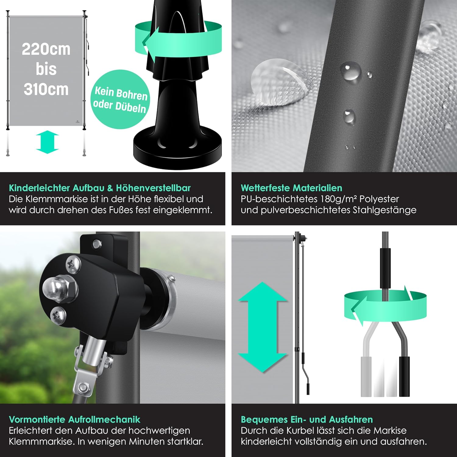 KESSER® Klemmmarkise 200x310 cm, Garten Balkon Sichtschutz wetterfest, Wind- & Sonnenschutz, Senkrechtmarkise mit Handkurbel ohne Bohren, Ausziehbar, wasserdicht & UV-beständig, Grau — Ansicht 6