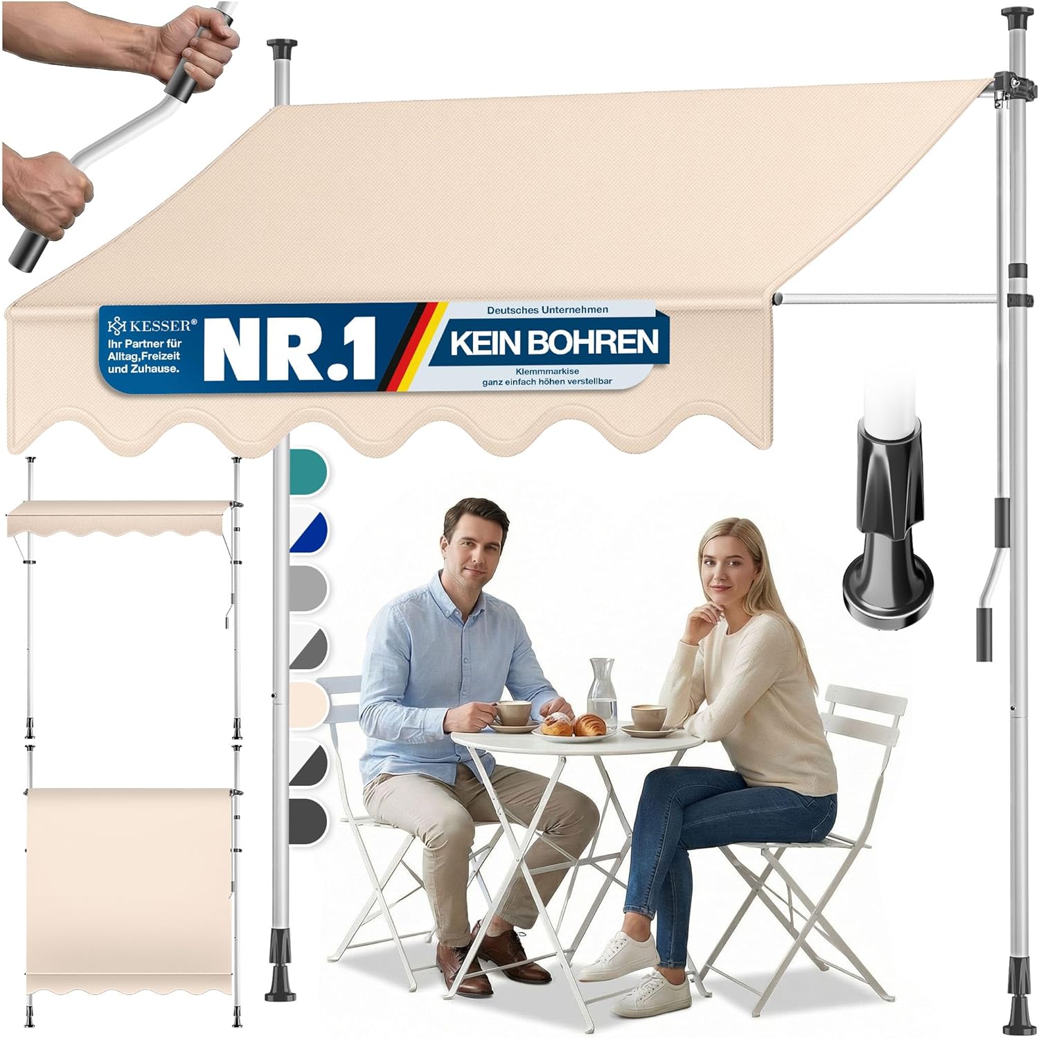KESSER® Klemmmarkise mit Handkurbel Balkon | Balkonmarkise ohne Bohren | Markise UV-beständig höhenverstellbar & wasserabweisend | Sonnenschutz für Balkon Terrasse & Garten, Terrassenüberdachung 300cm