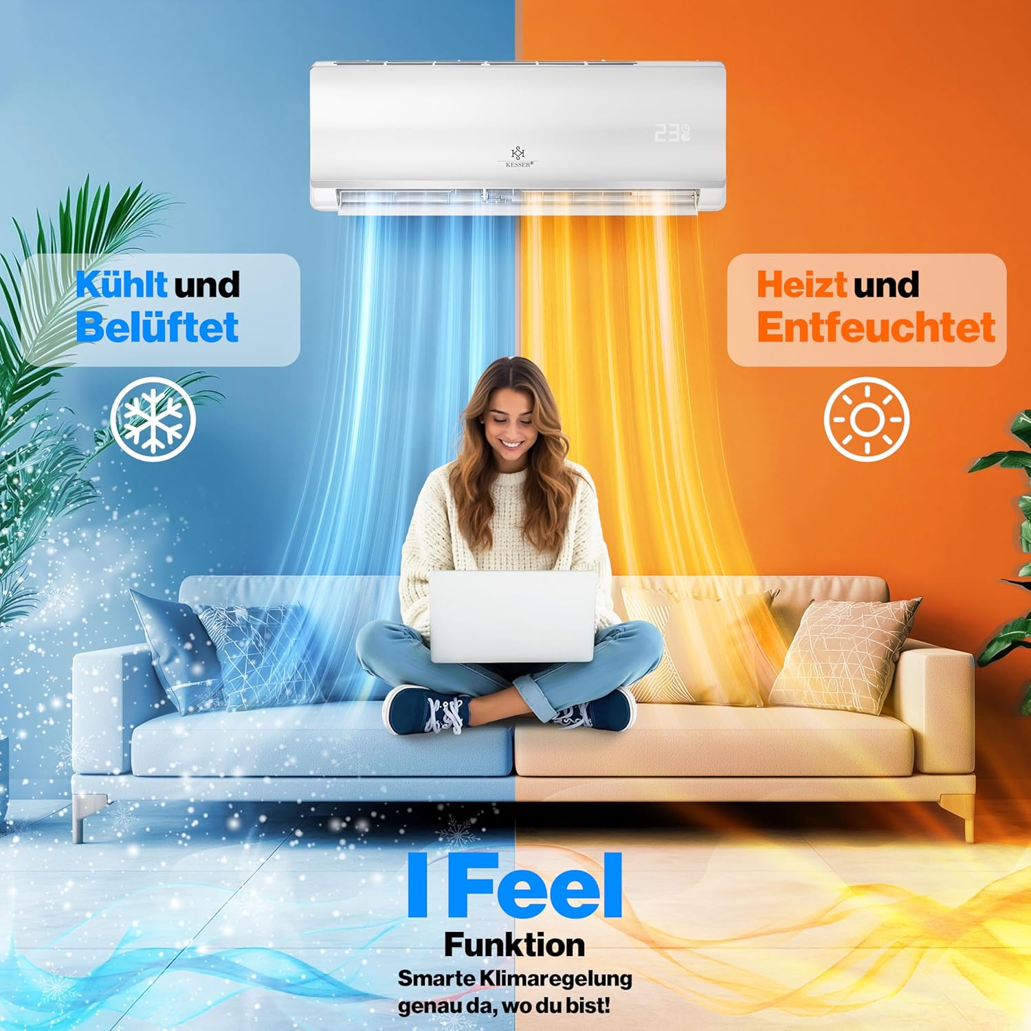 KESSER® Klimaanlage Set Split, WiFi/App Funktion Klimagerät, Kühlen A++/Heizen A+, 9000 BTU/h (2.600W) sehr leise, Kältemittel R32, Fernbedienung, Timerfunktion, Montagematerial, Weiß — Ansicht 4