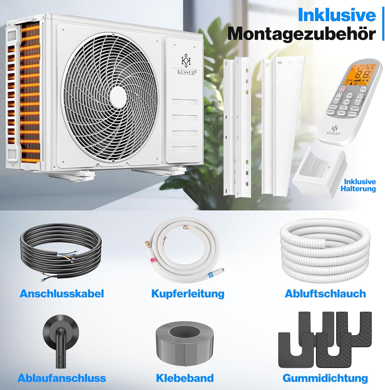 KESSER® Klimaanlage Set Split, WiFi/App Funktion Klimagerät, Kühlen A++/Heizen A+, 9000 BTU/h (2.600W) sehr leise, Kältemittel R32, Fernbedienung, Timerfunktion, Montagematerial, Weiß — Ansicht 5