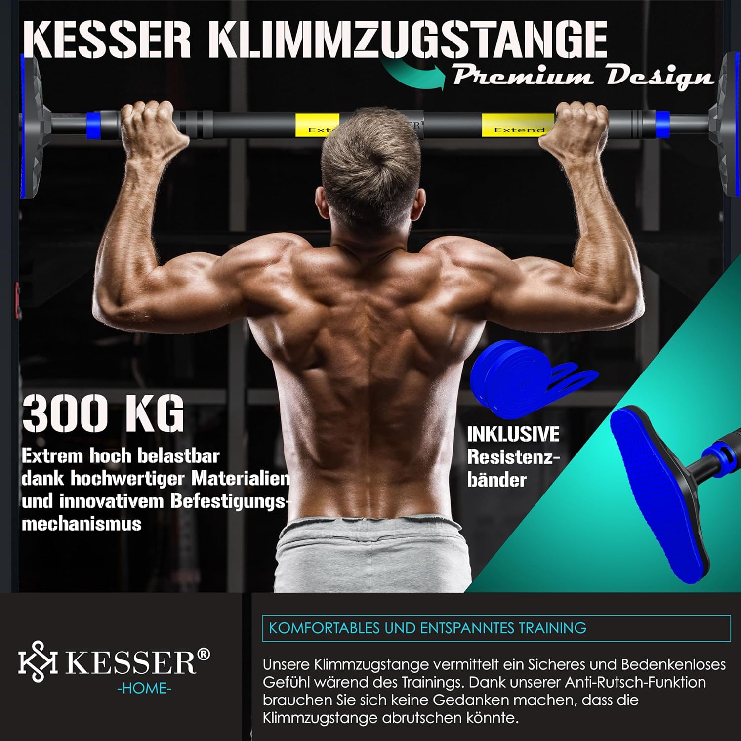 KESSER® Klimmzugstange Türrahmen verstellbar, Pull Up Bar Heimturnhalle, Reckstange ohne Schrauben/Bohren, 68-106 cm Ausziehbar, Tragfähigkeit bis zu 300Kg & rutschfeste Griffe, inkl. Resistenzbänder — Ansicht 2