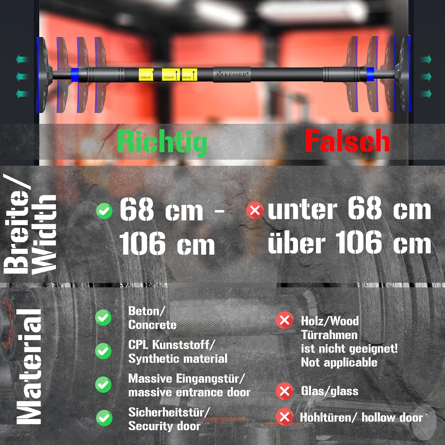 KESSER® Klimmzugstange Türrahmen verstellbar, Pull Up Bar Heimturnhalle, Reckstange ohne Schrauben/Bohren, 68-106 cm Ausziehbar, Tragfähigkeit bis zu 300Kg & rutschfeste Griffe, inkl. Resistenzbänder — Ansicht 5