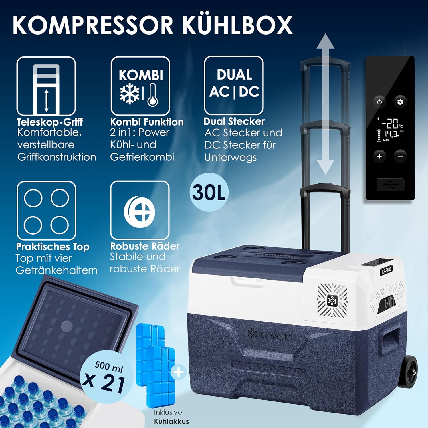 KESSER® Kompressor Kühlbox auto elektrisch 30L, Camping Kühlbox 12/24/230V mit APP-Steuerung, Gefrierbox bis –20 °C, Kühlbox mit Rädern & Teleskopgriff für Camping, Wohnmobil, LKW & Boot + 2 Kühlakkus — Ansicht 2