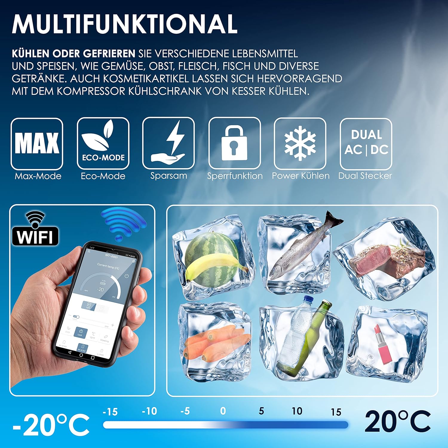 KESSER® Kompressor Kühlbox auto elektrisch 30L, Camping Kühlbox 12/24/230V mit APP-Steuerung, Gefrierbox bis –20 °C, Kühlbox mit Rädern & Teleskopgriff für Camping, Wohnmobil, LKW & Boot + 2 Kühlakkus — Ansicht 4
