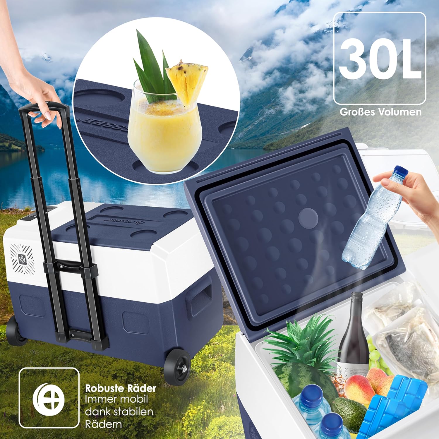KESSER® Kompressor Kühlbox auto elektrisch 30L, Camping Kühlbox 12/24/230V mit APP-Steuerung, Gefrierbox bis –20 °C, Kühlbox mit Rädern & Teleskopgriff für Camping, Wohnmobil, LKW & Boot + 2 Kühlakkus — Ansicht 6