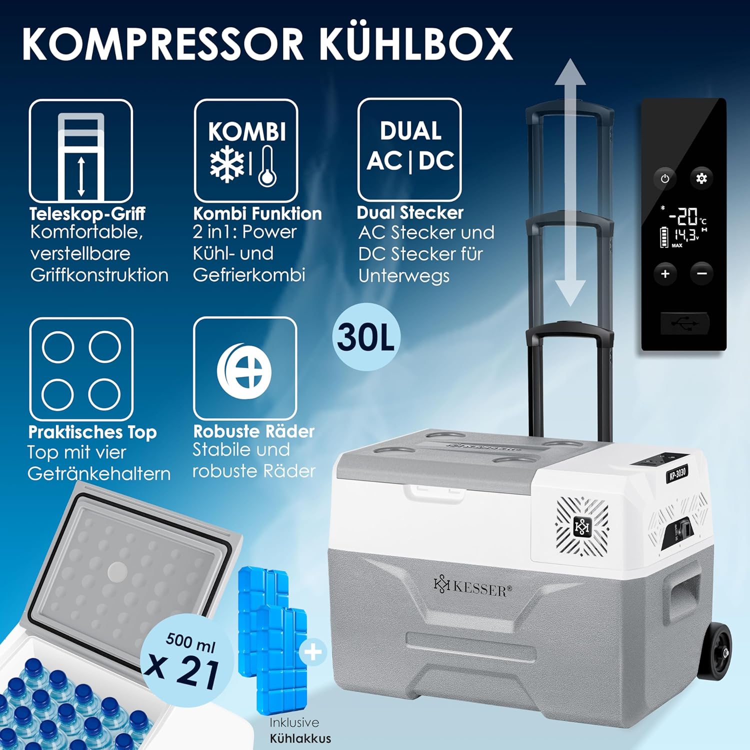 KESSER® Kompressor Kühlbox elektrisch Gefrierbox, 30 Liter Mit APP-Steuerung USB-Anschluss 12/24 V 230V, +Teleskopstange, 2x Kühlakkus Räder Kühlschrank Kühlung bis -20 °C für Auto, Lkw, Boot — Ansicht 2