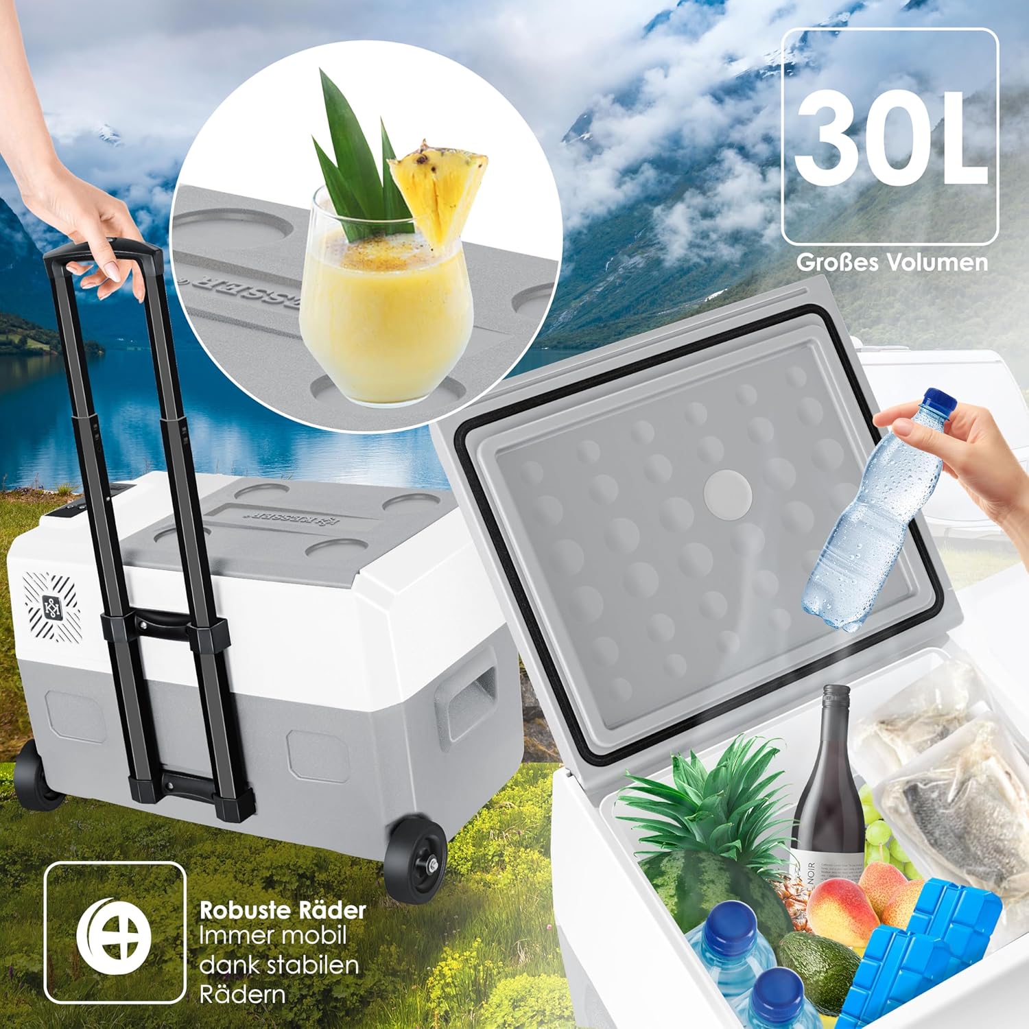 KESSER® Kompressor Kühlbox elektrisch Gefrierbox, 30 Liter Mit APP-Steuerung USB-Anschluss 12/24 V 230V, +Teleskopstange, 2x Kühlakkus Räder Kühlschrank Kühlung bis -20 °C für Auto, Lkw, Boot — Ansicht 6