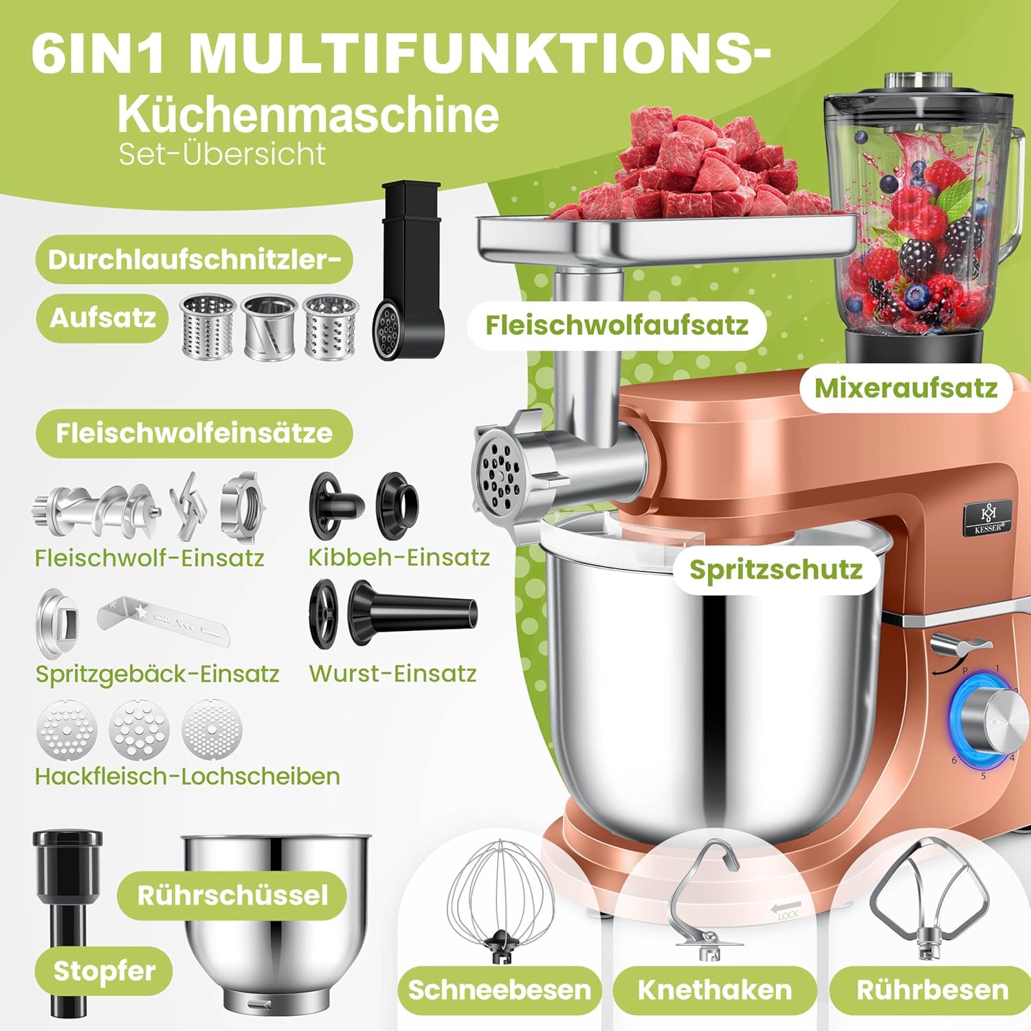 KESSER® Küchenmaschine 3in1 mit Fleischwolf & Mixer, 1500W Knetmaschine 5,5L Rührschüssel + Spritzschutz, 6 Geschwindigkeiten, Knethaken, Schneebesen, Rührhaken & Raspeln, Backen & Kochen, Kupfer — Ansicht 2