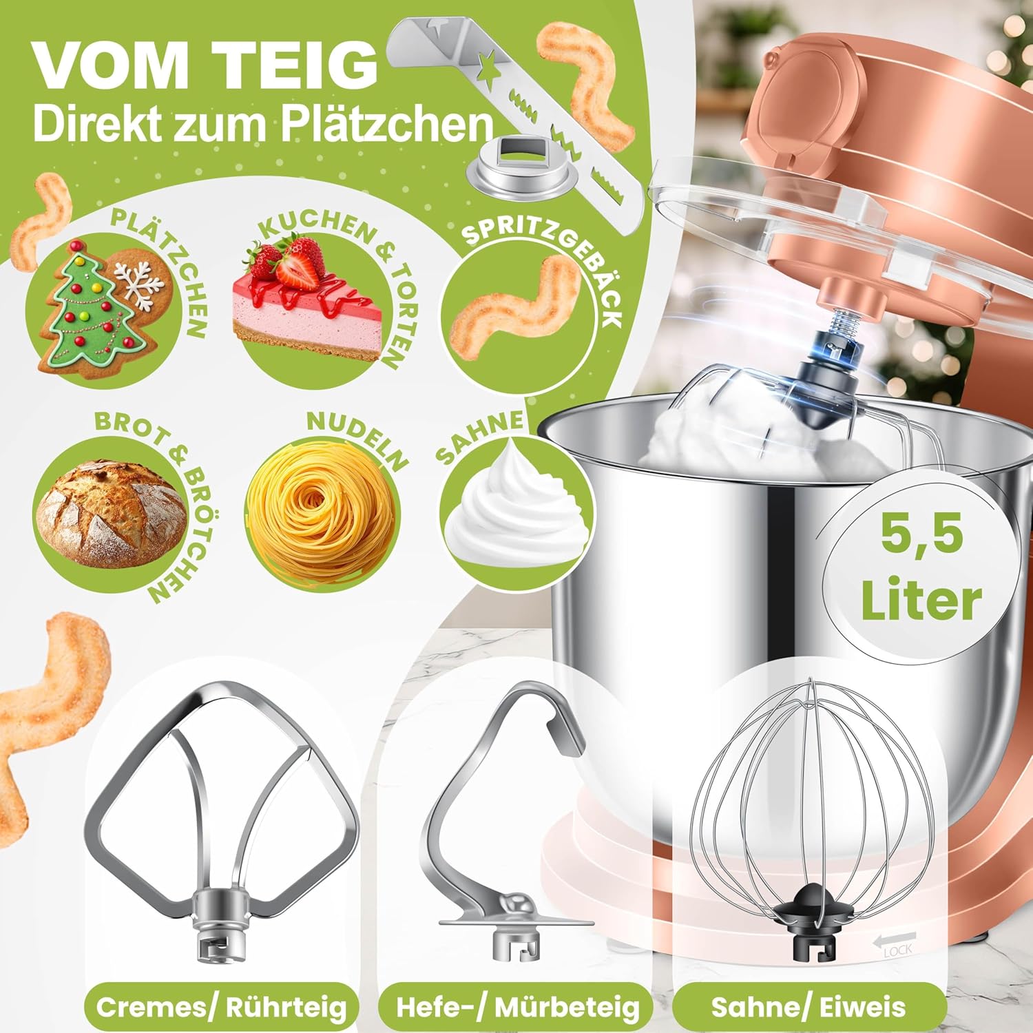 KESSER® Küchenmaschine 3in1 mit Fleischwolf & Mixer, 1500W Knetmaschine 5,5L Rührschüssel + Spritzschutz, 6 Geschwindigkeiten, Knethaken, Schneebesen, Rührhaken & Raspeln, Backen & Kochen, Kupfer — Ansicht 3