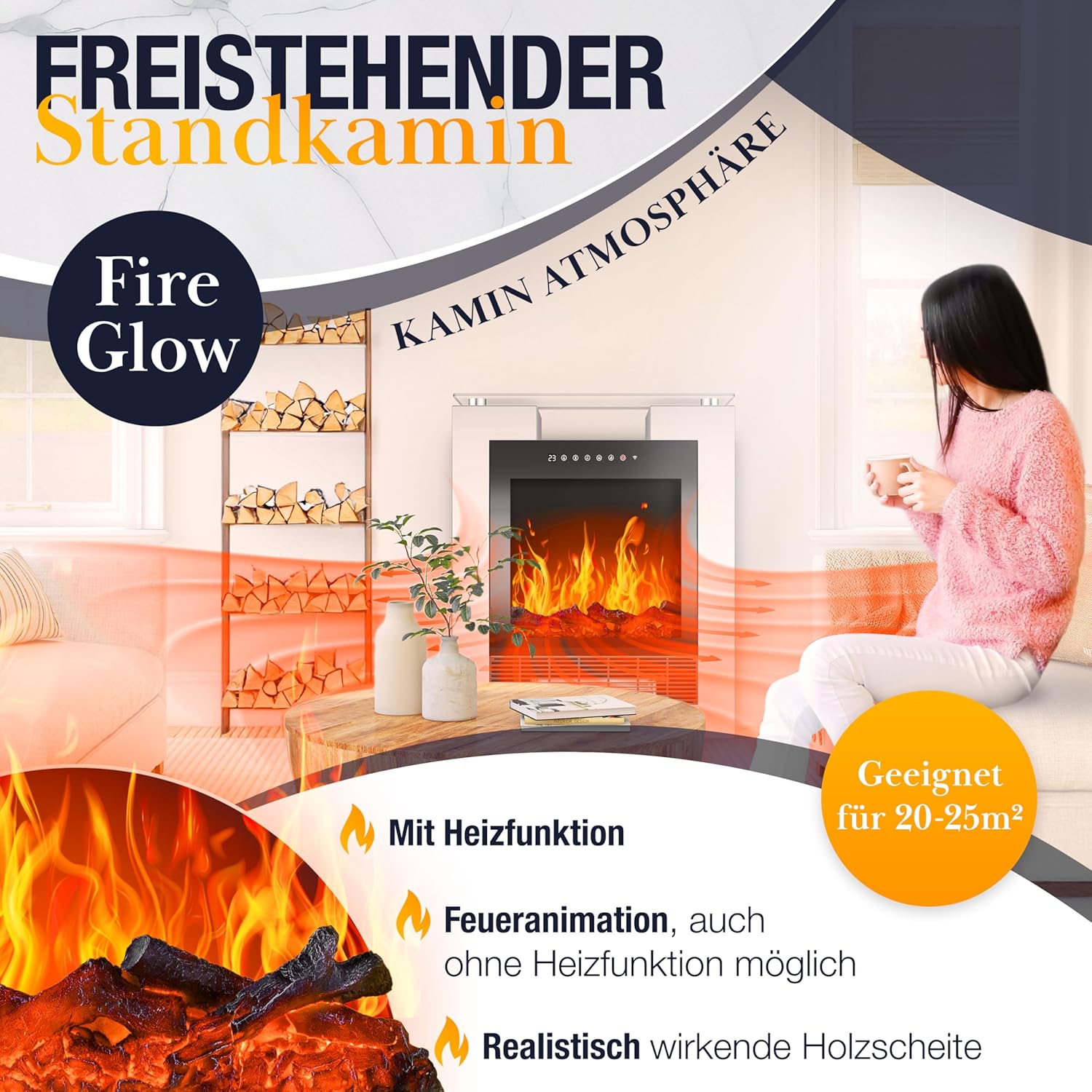KESSER® LED Kamin mit Heizung elektrisch | Heizlüfter Elektrokamin mit Thermostat, Standkamin mit realistischem Feuer -/ Flammeneffekt per App + Fernbedienung & WLAN – mit Timer,15-35°C, Weiß — Ansicht 2