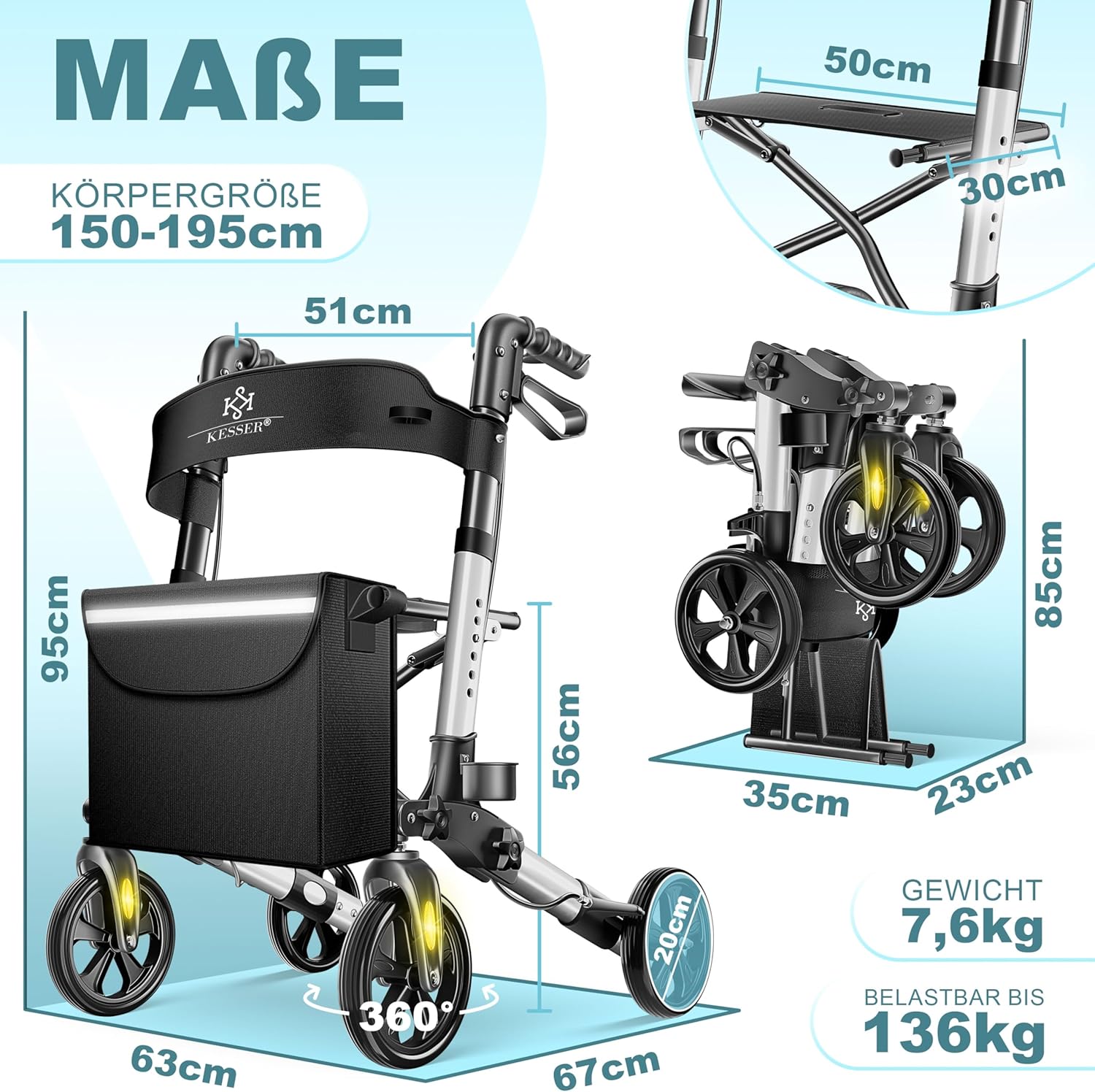 KESSER Leichtgewicht Rollator faltbar mit Sitz, Griff, Tasche, schmal für Senioren Wohnung, Klappbar, Höhenverstellbar, Reflektoren | All Gelände Reifen Indoor-& Outdoor, Gehhilfe, Laufhilfe, Schwarz — Ansicht 2