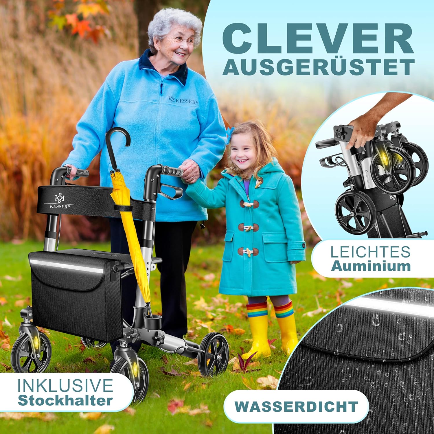 KESSER Leichtgewicht Rollator faltbar mit Sitz, Griff, Tasche, schmal für Senioren Wohnung, Klappbar, Höhenverstellbar, Reflektoren | All Gelände Reifen Indoor-& Outdoor, Gehhilfe, Laufhilfe, Schwarz — Ansicht 3