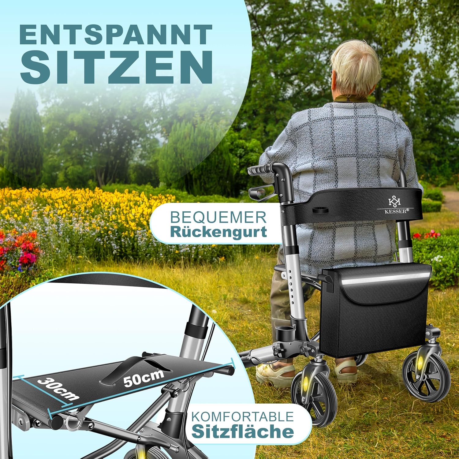 KESSER Leichtgewicht Rollator faltbar mit Sitz, Griff, Tasche, schmal für Senioren Wohnung, Klappbar, Höhenverstellbar, Reflektoren | All Gelände Reifen Indoor-& Outdoor, Gehhilfe, Laufhilfe, Schwarz — Ansicht 4