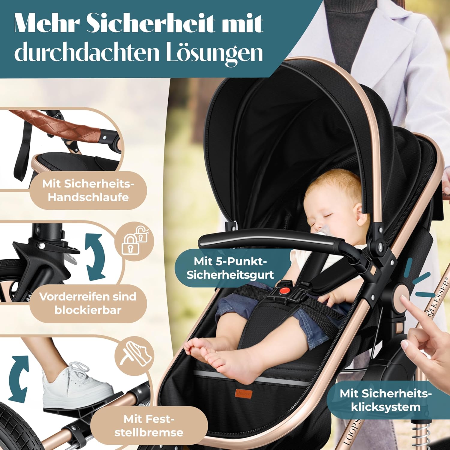 KESSER® Loops 4 in 1 Kinderwagen Kombikinderwagen Komplett-Set inkl. Babywanne & Buggy Sportsitz & Auto-Babyschale Voll-Gummireifen Wickeltasche Regenschutz Kindertisch ECE R129, Schwarz/Champagne — Ansicht 4