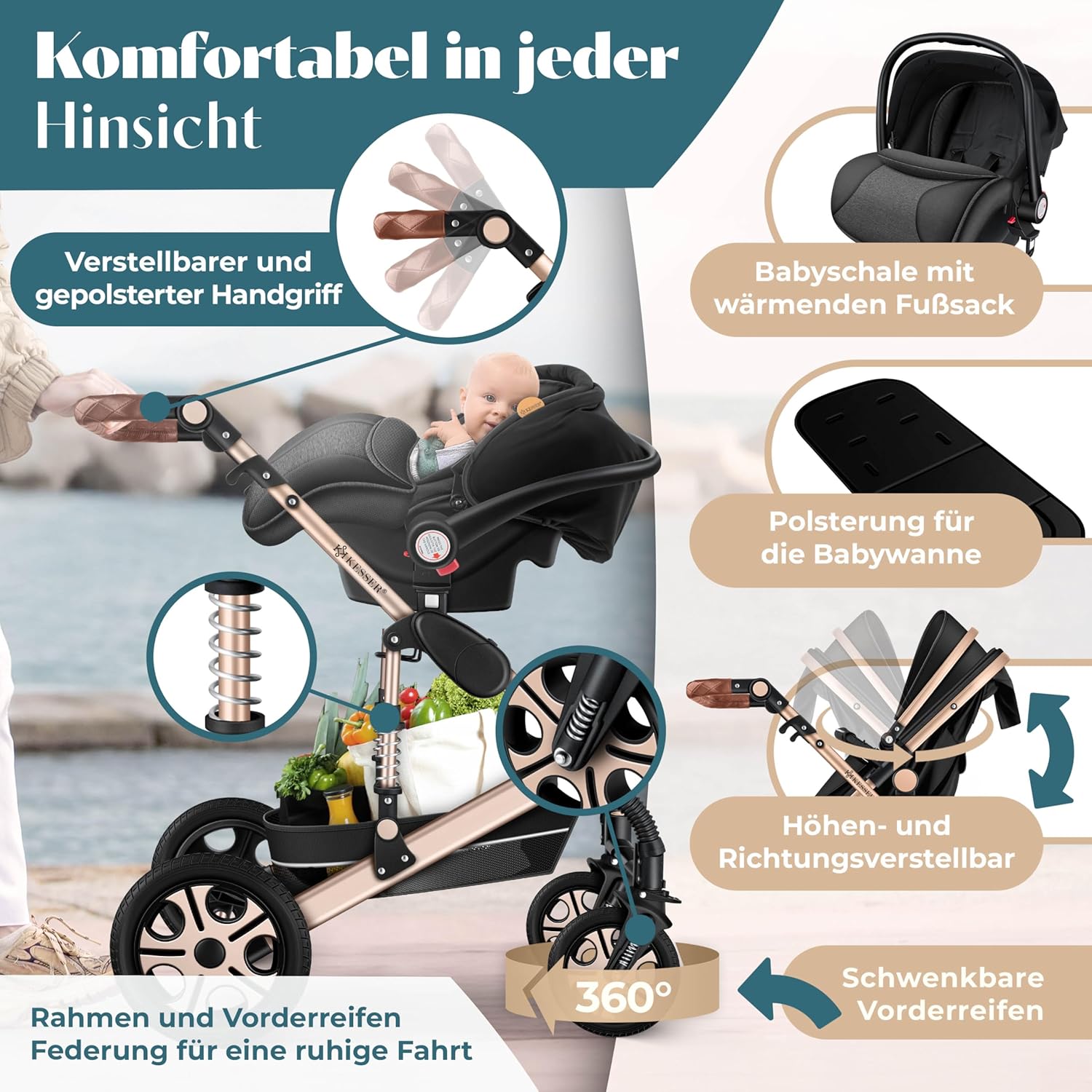 KESSER® Loops 4 in 1 Kinderwagen Kombikinderwagen Komplett-Set inkl. Babywanne & Buggy Sportsitz & Auto-Babyschale Voll-Gummireifen Wickeltasche Regenschutz Kindertisch ECE R129, Schwarz/Champagne — Ansicht 6