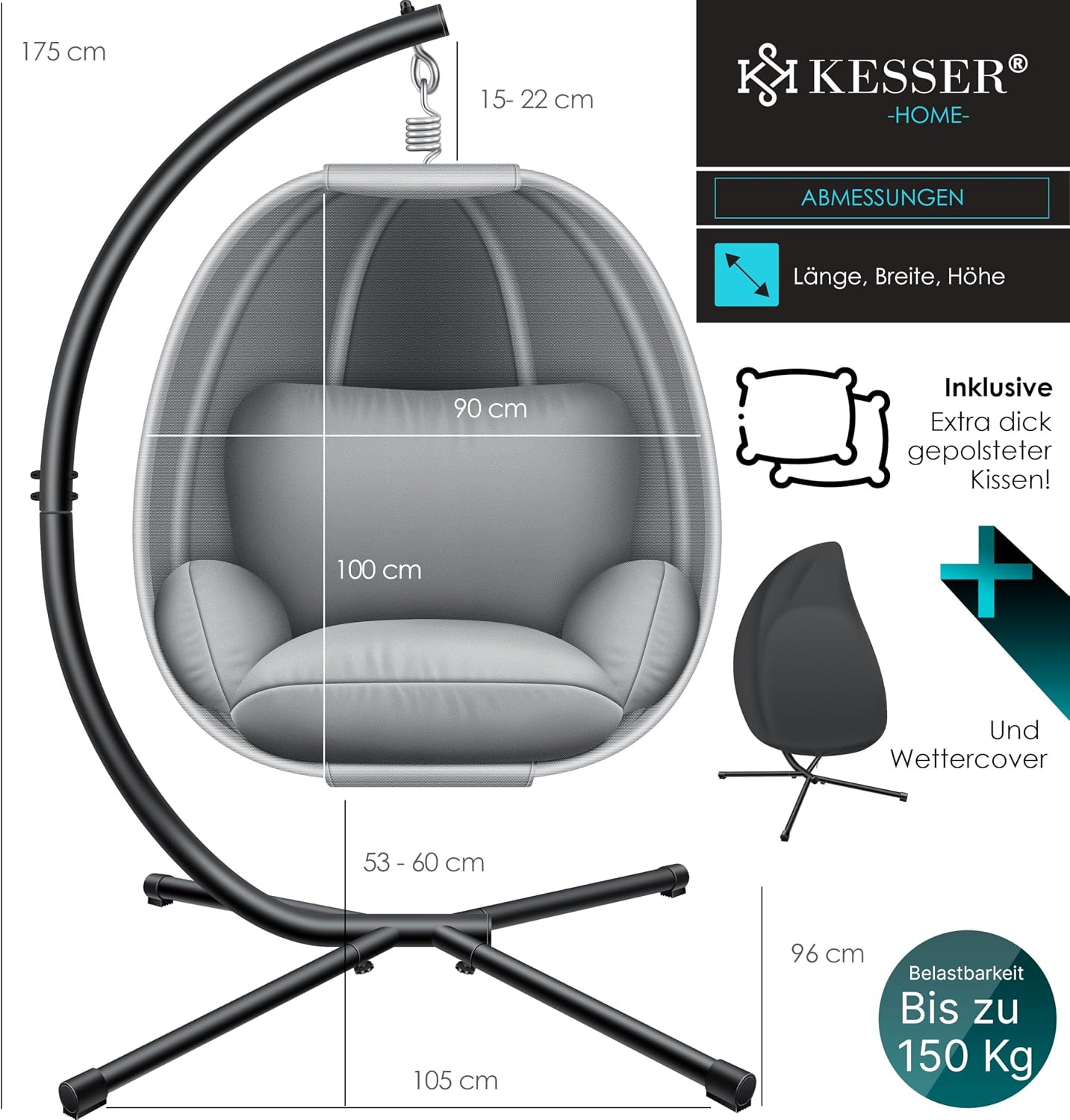 KESSER® Luxe Hängesessel mit Gestell + weiches Sitzkissen und Abdeckung, Seitenpolsterung, Rückenkissen Hängekorb Indoor & Outdoor, Garten Schaukel Hängestuhl Stabiler Standfuß, max. 150 kg Grau — Ansicht 2