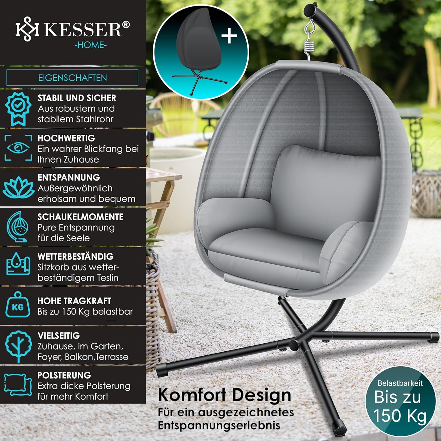 KESSER® Luxe Hängesessel mit Gestell + weiches Sitzkissen und Abdeckung, Seitenpolsterung, Rückenkissen Hängekorb Indoor & Outdoor, Garten Schaukel Hängestuhl Stabiler Standfuß, max. 150 kg Grau — Ansicht 3