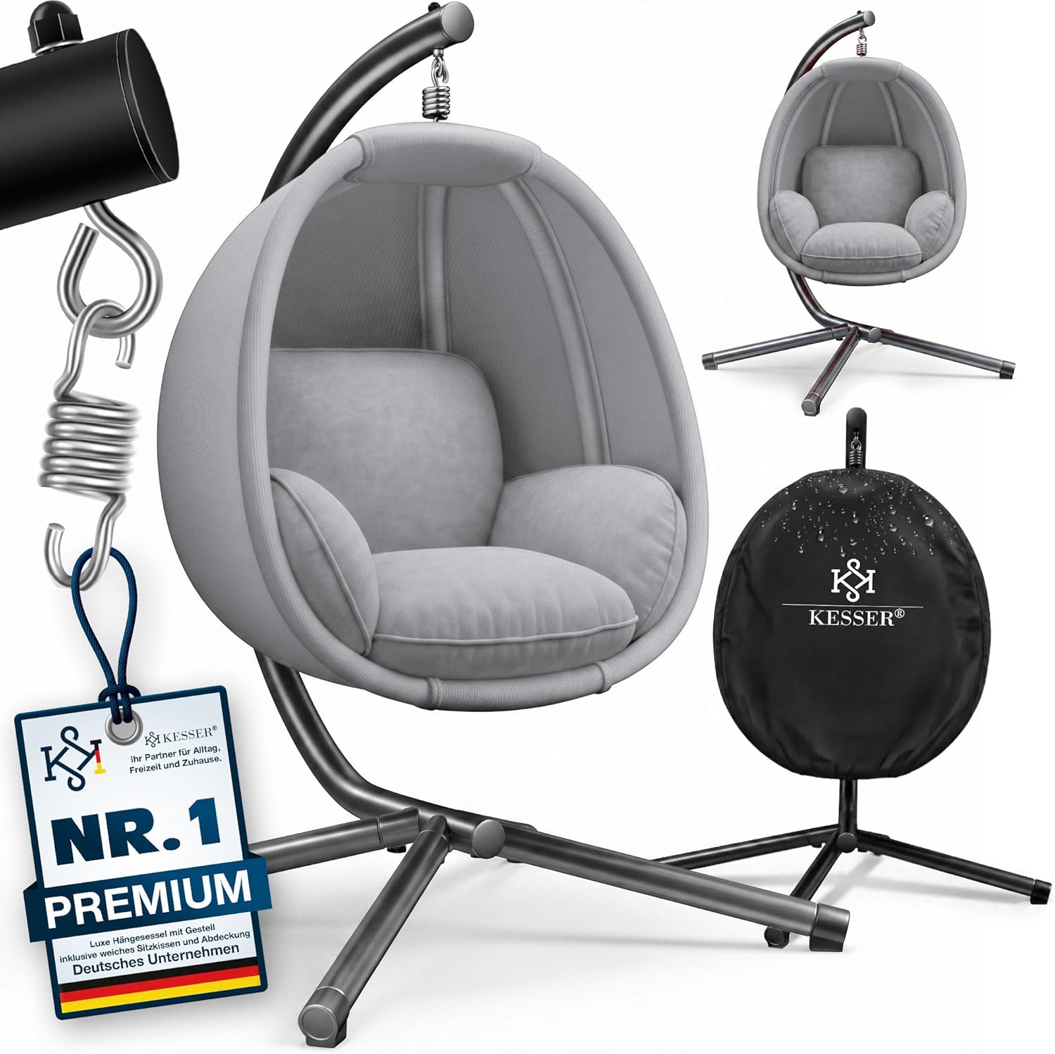 KESSER® Luxe Hängesessel mit Gestell + weiches Sitzkissen und Abdeckung, Seitenpolsterung, Rückenkissen Hängekorb Indoor & Outdoor, Garten Schaukel Hängestuhl Stabiler Standfuß, max. 150 kg Grau