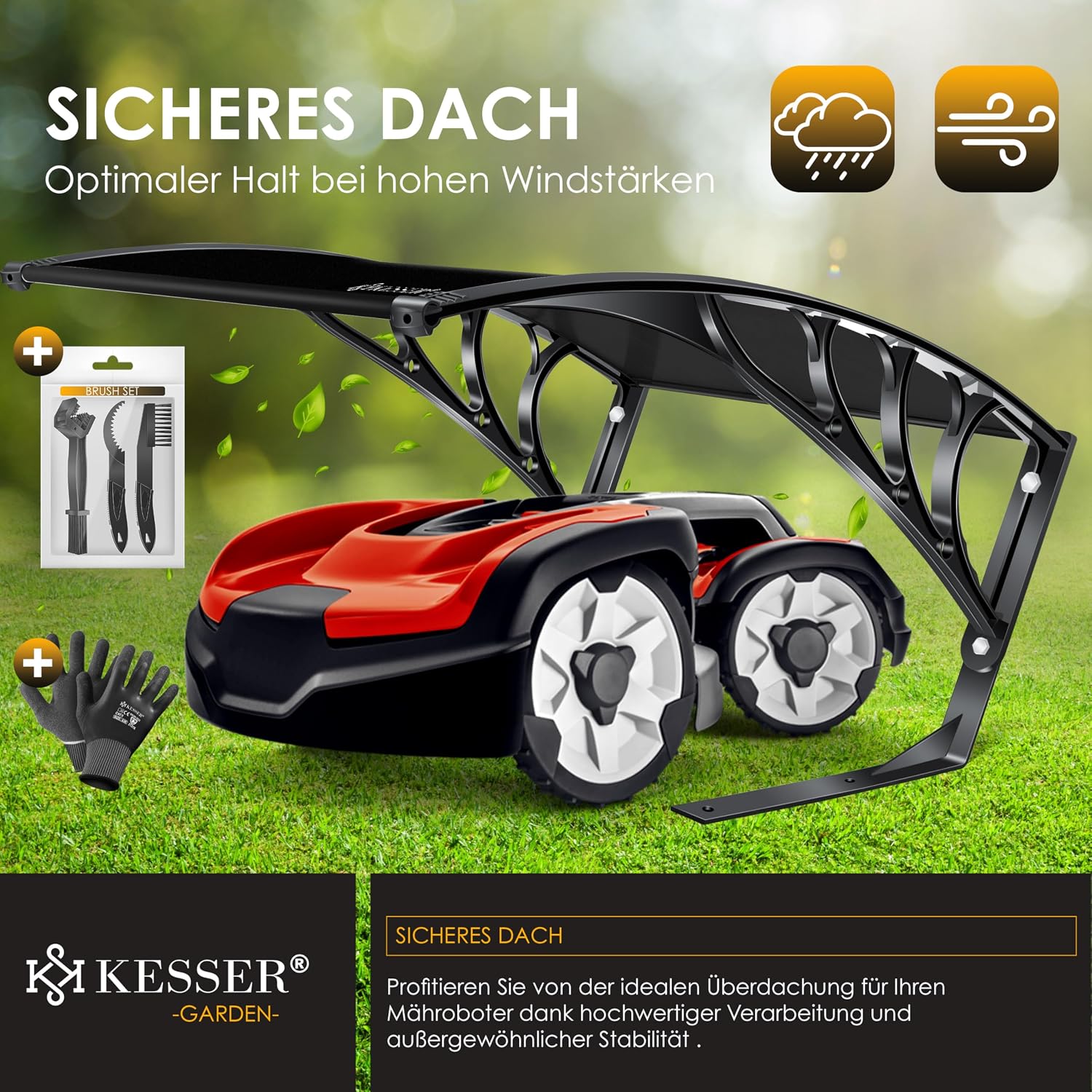 KESSER® Mähroboter Garage Dach Carport Überdachung für Rasenmäher Rasenroboter Automower Garten Witterungsbeständig Mährobotergarage inkl. Handschuhe & Brushset, Maße 82x103x47cm, Schwarz — Ansicht 3
