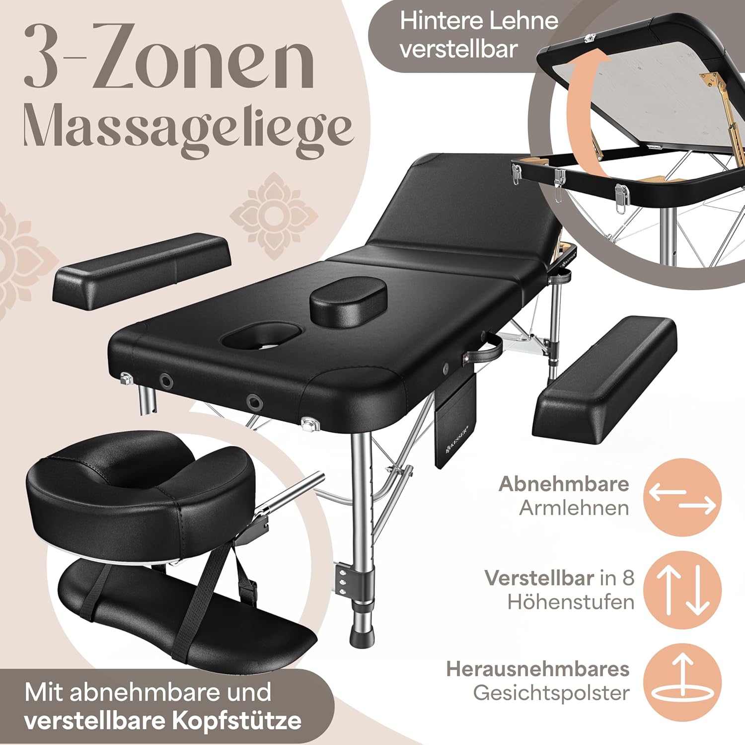 KESSER® Massageliege 3 Zonen bis 250kg, Massagetisch klappbar, verstellbar, tragbarer Koffer, Kosmetikliege, Therapieliege, Zubehör, Alu-Kopfstütze, Armlehne, Tragetasche, Anti Rutsch, 70cm, Schwarz — Ansicht 3