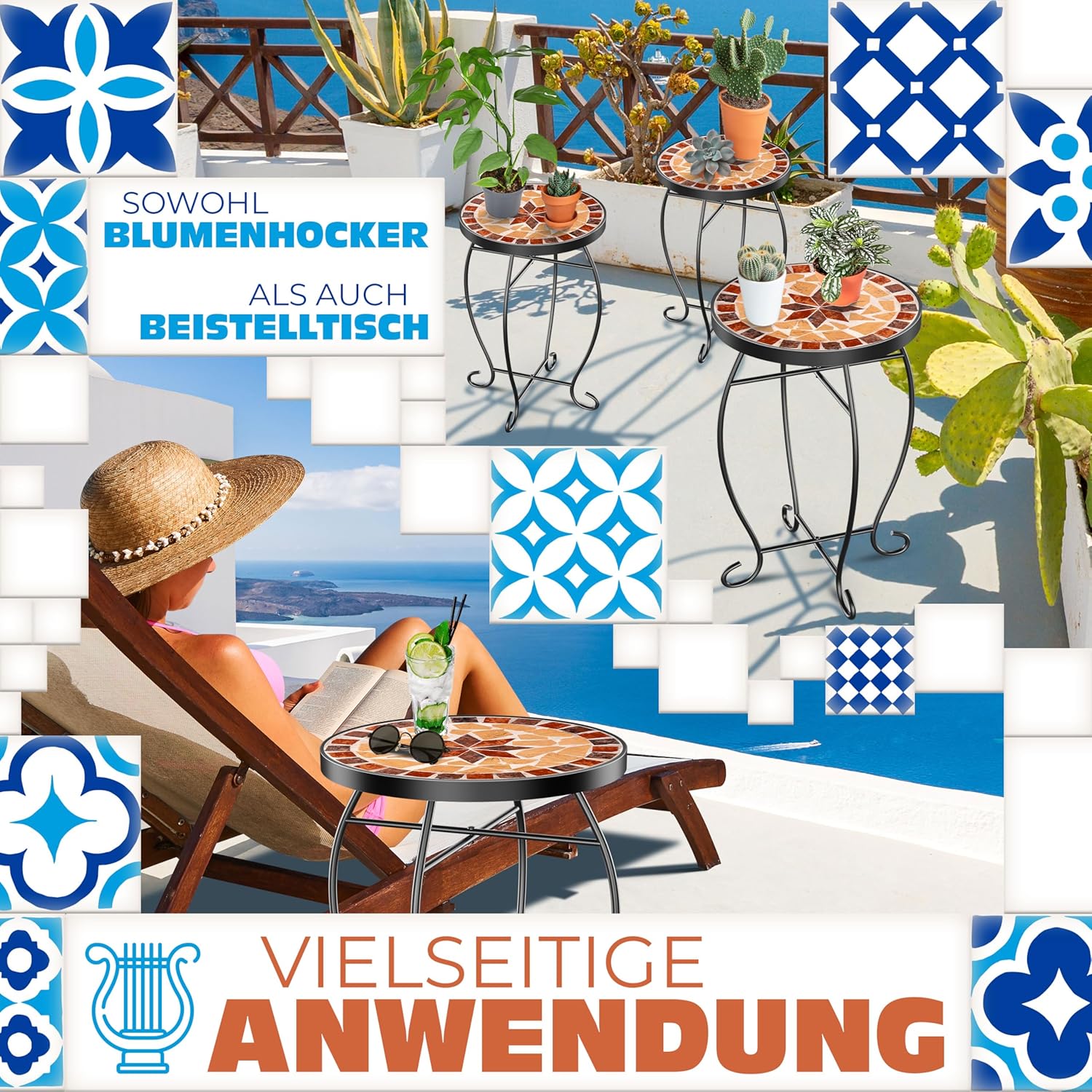 KESSER® Mosaiktisch Bistrotische Blumenhocker Rund 60 x 34 cm Metall Mosaik Beistelltisch Balkontisch Gartentische Terrassentisch Balkon Steinmosaik Garten Gartentisch Indoor Outdoor, Asteri — Ansicht 5