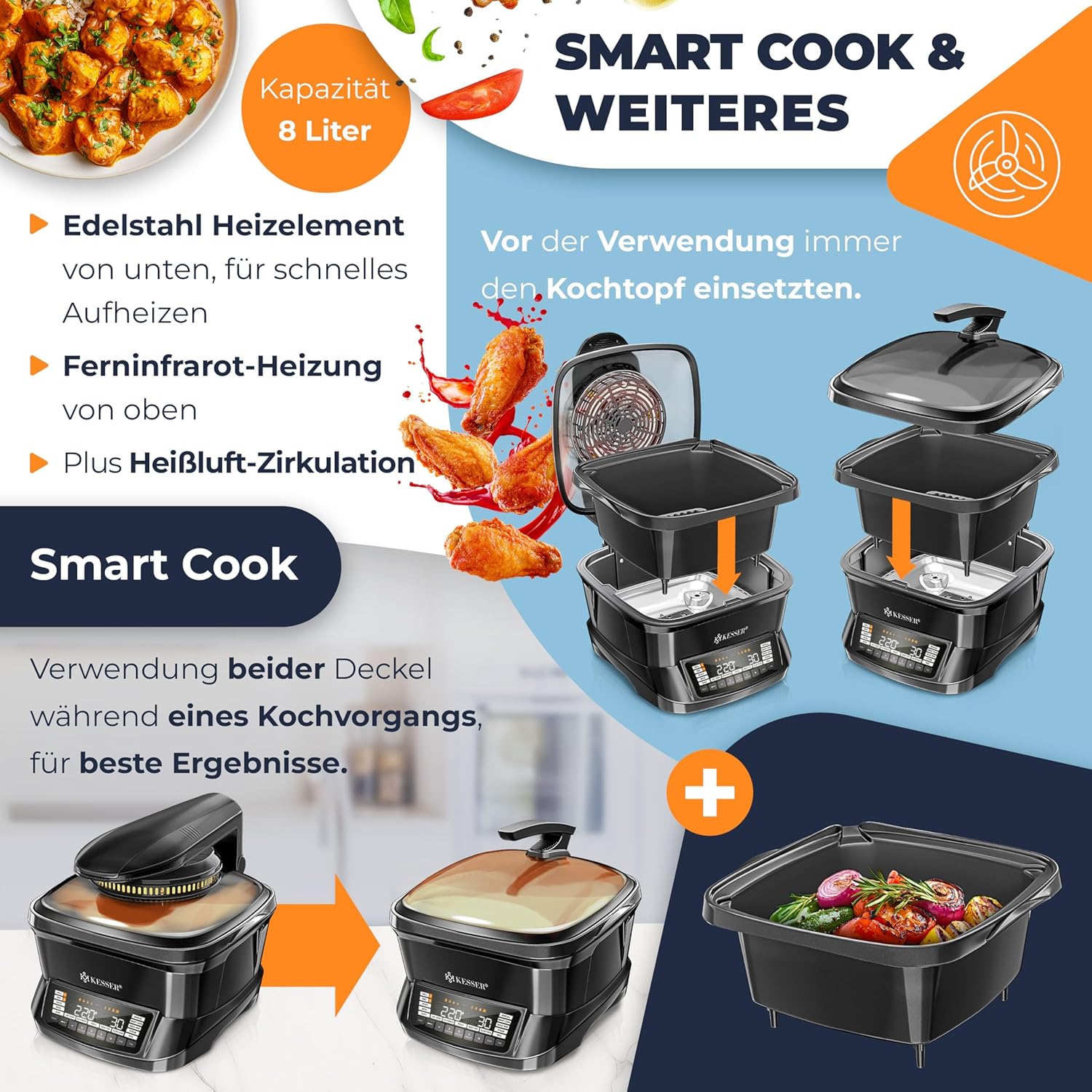 KESSER® Multikocher mit Heißluftfritteuse 8L & 16 Programme Küchengerät - Grillen, Backen, Schmoren, Dampfgaren Vorheiz- & Warmhaltefunktion Reiskocher Slow Cooker, Joghurtbereiter — Ansicht 5