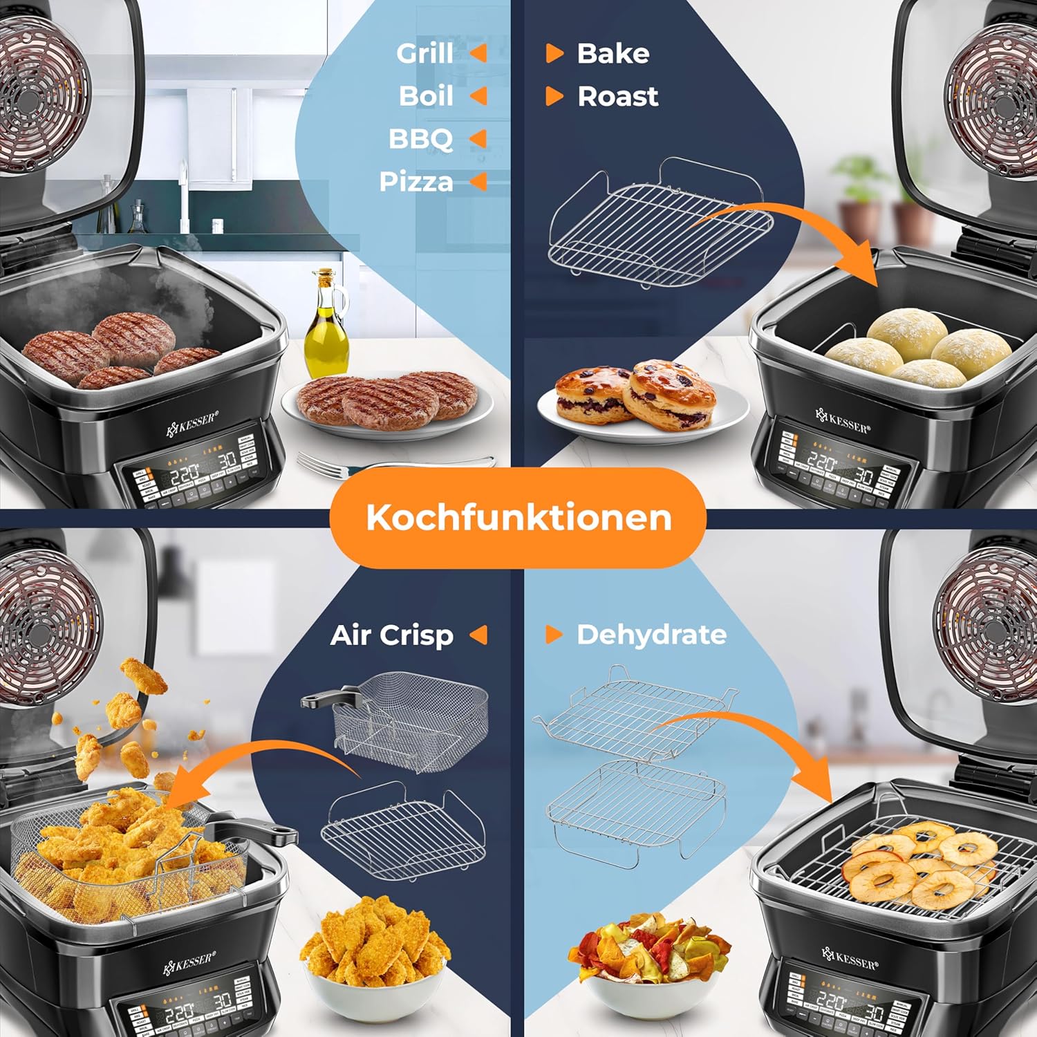 KESSER® Multikocher mit Heißluftfritteuse 8L & 16 Programme Küchengerät - Grillen, Backen, Schmoren, Dampfgaren Vorheiz- & Warmhaltefunktion Reiskocher Slow Cooker, Joghurtbereiter — Ansicht 6