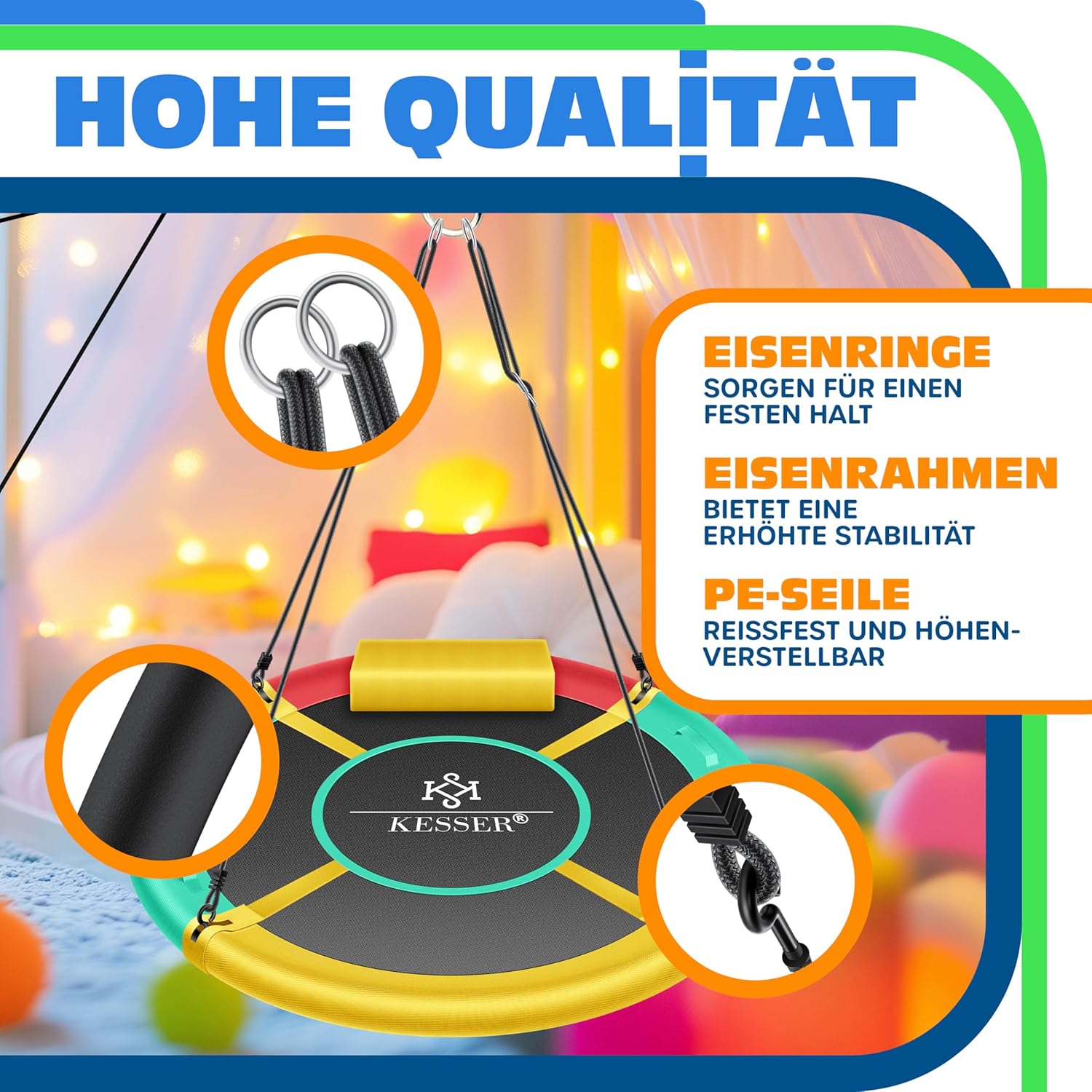 KESSER® Nestschaukel Tellerschaukel Hängeschaukel Rundschaukel Ø 100cm Schaukel bis 300kg belastbar mit Kissen & 4 Griffen verstellbar Kinderschaukel Indoor & Outdoor für Kinder & Erwachsene Tropical — Ansicht 3