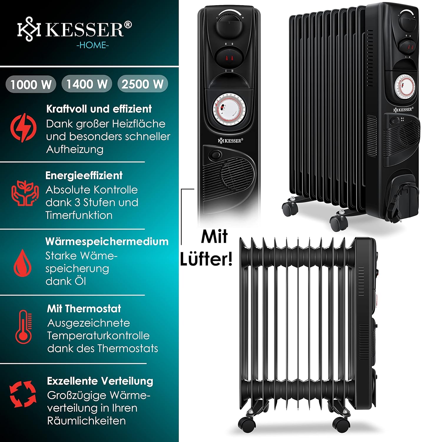 KESSER® Ölradiator Elektrische Heizung mit 11 Rippen 2500W + Lüfter Öl Radiator Elektroheizung Mobil Timer Abschaltautomatik stufenlose Temperaturregelung Überhitzungsschutz — Ansicht 3