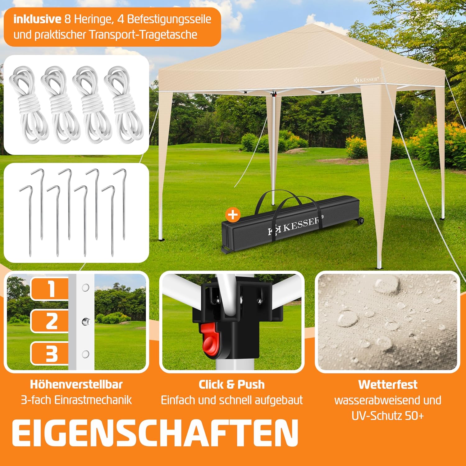 KESSER® Pavillon Faltpavillon 3x3m | Pop-Up Gartenpavillon Höhenverstellbar Stabil Wasserdicht Winterfest | Partyzelt Festzelt UV-Schutz 50+ inkl. Tasche mit Rollen & Bodenanker | Beige — Ansicht 2