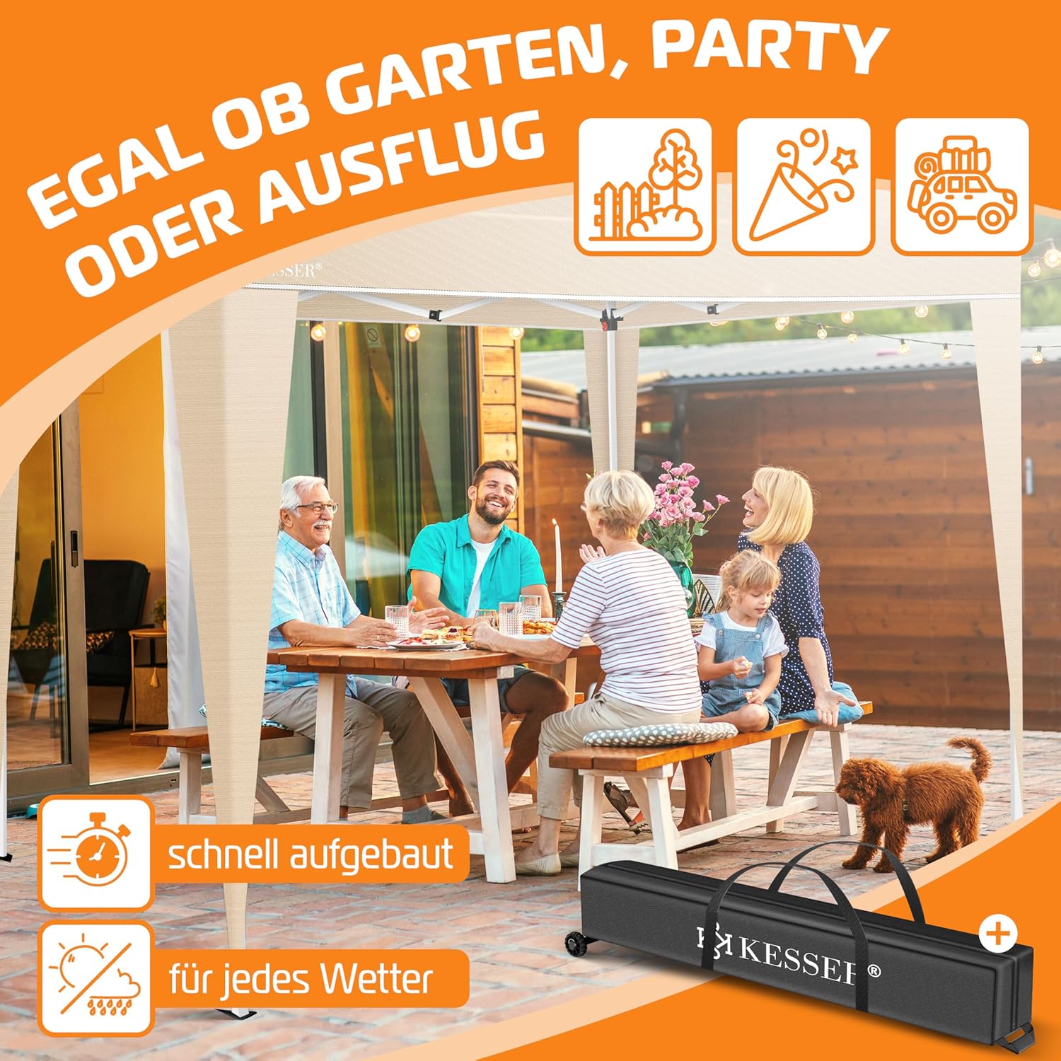 KESSER® Pavillon Faltpavillon 3x3m | Pop-Up Gartenpavillon Höhenverstellbar Stabil Wasserdicht Winterfest | Partyzelt Festzelt UV-Schutz 50+ inkl. Tasche mit Rollen & Bodenanker | Beige — Ansicht 5
